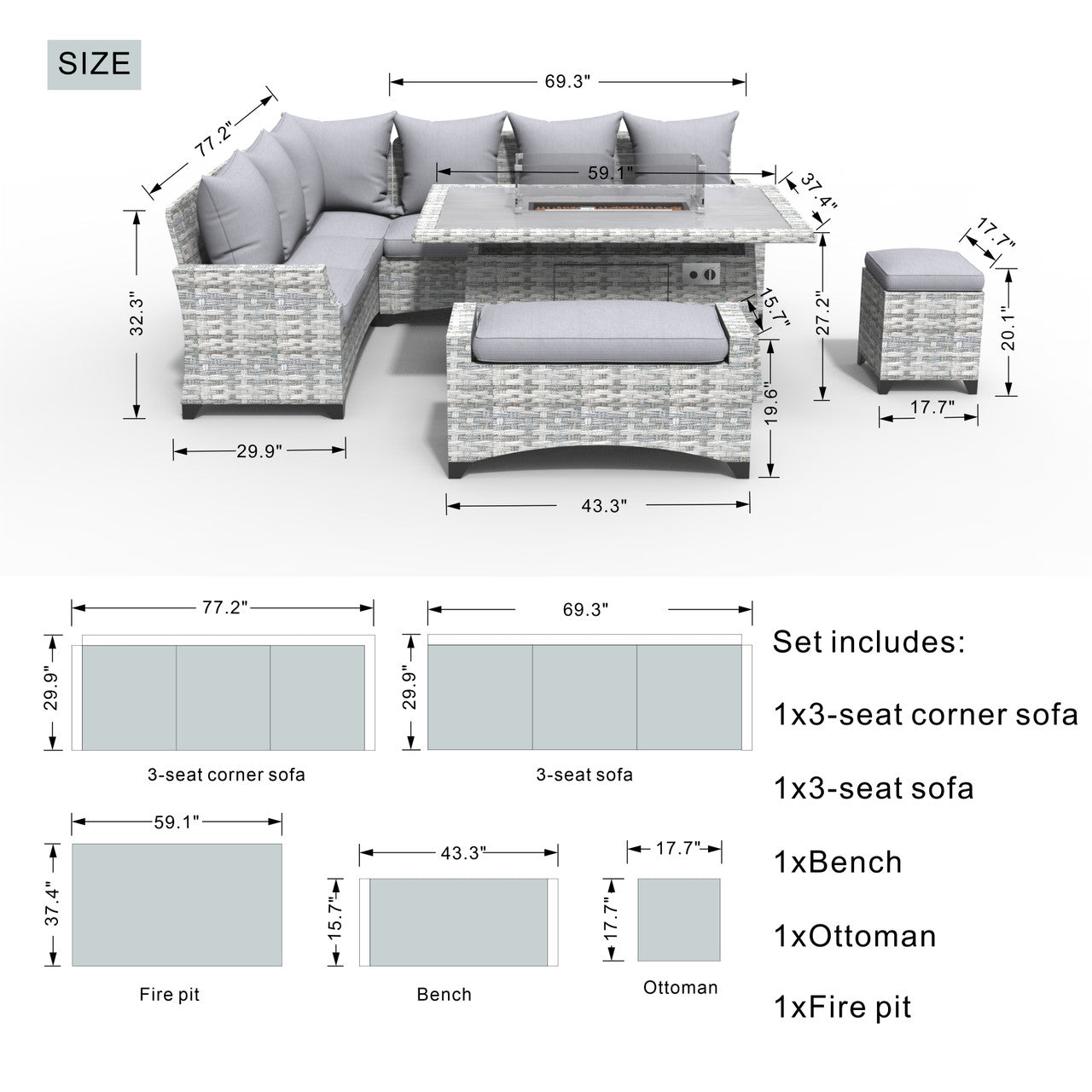 Outdoor Fire Pit Sofa Set 5-Piece (PAF-2001)