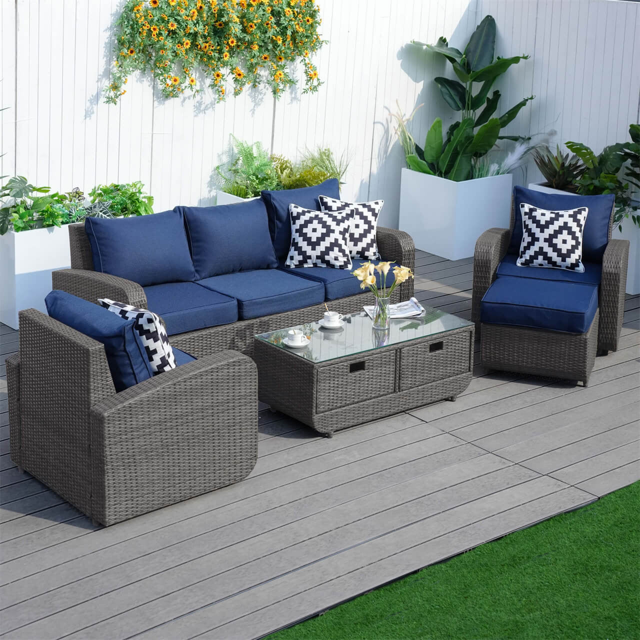 5 Seats Patio Conversation Sofa Set Brown Wicker with Blue Cushion Covers