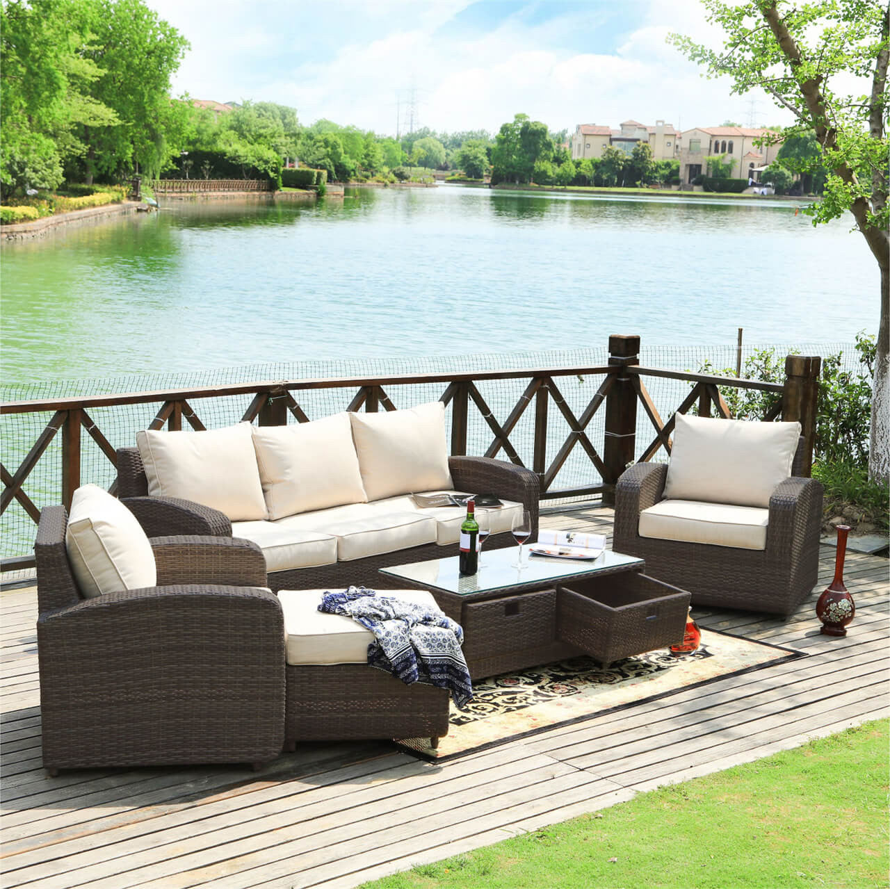 5 Seats Patio Conversation Sofa Set Brown Wicker with Original Cushion Covers