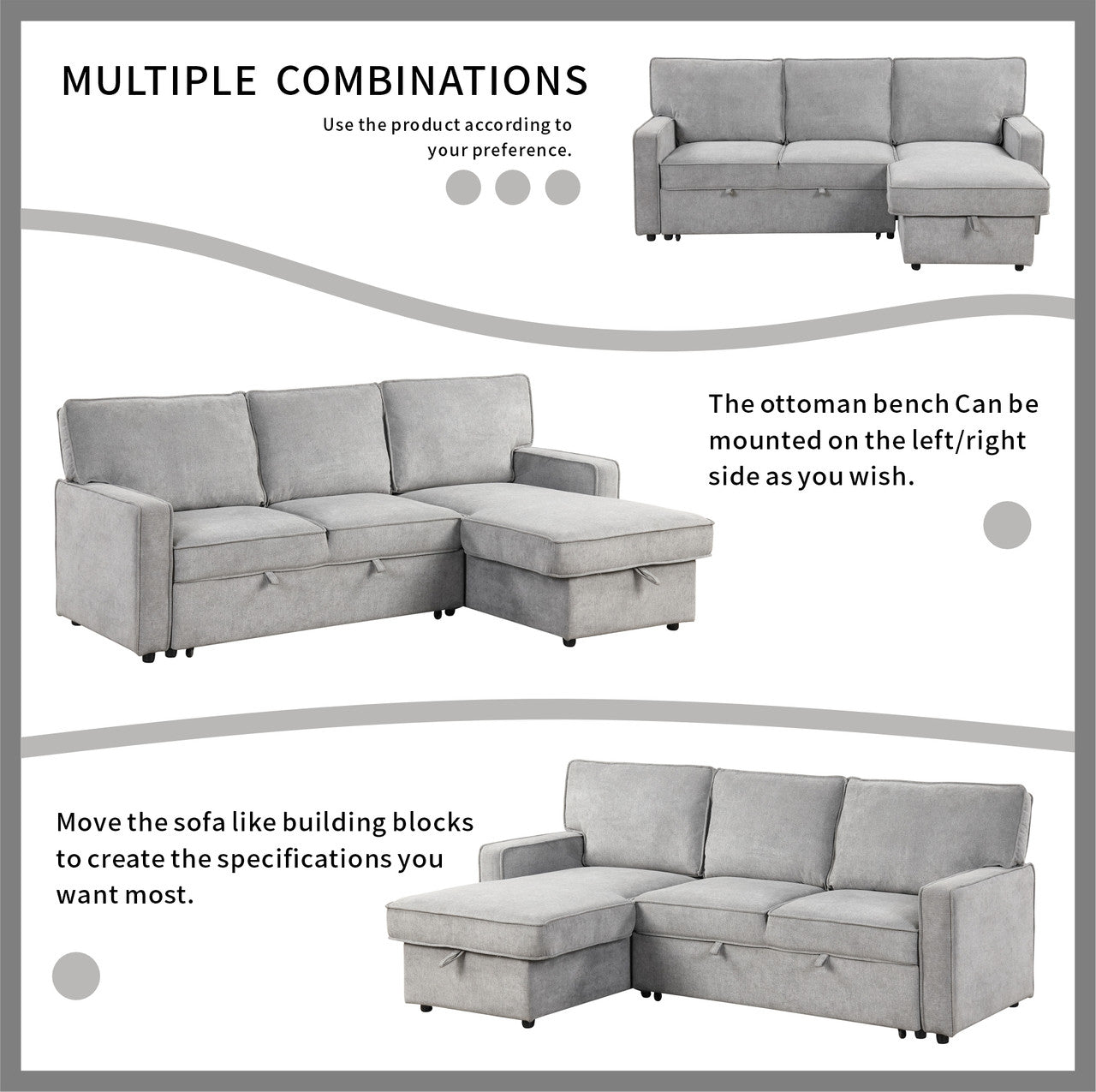 L-shaped indoor combination sofa can be pulled to form a bed