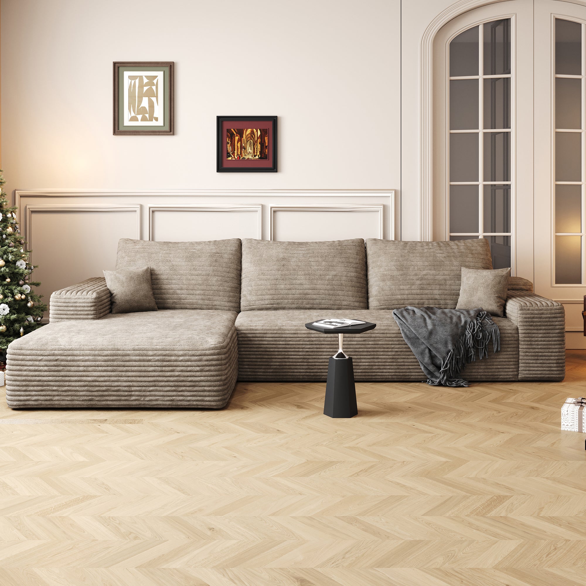 107' Cloud Sectional Couch with L-Shape Chaise,Modern Modular Sofa with Deep Seat, Upholstered Couches for Living Room Bedroom,No Assembly Required, Camel(Plush Corduroy Fabric)