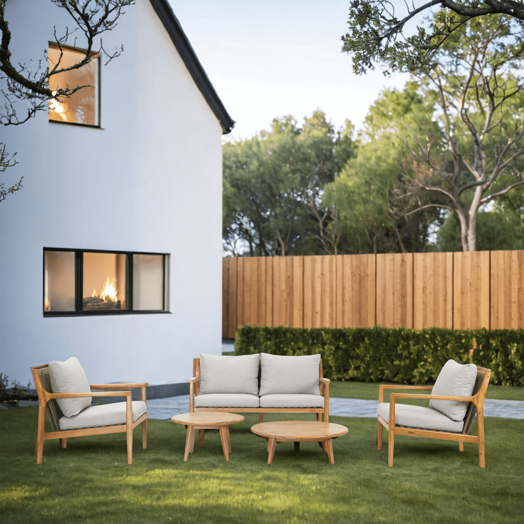 Rebel 4-Seat Wood Patio Conversation Set with Footstool (PAS-2513-2SC+SC*2+TA+ST)