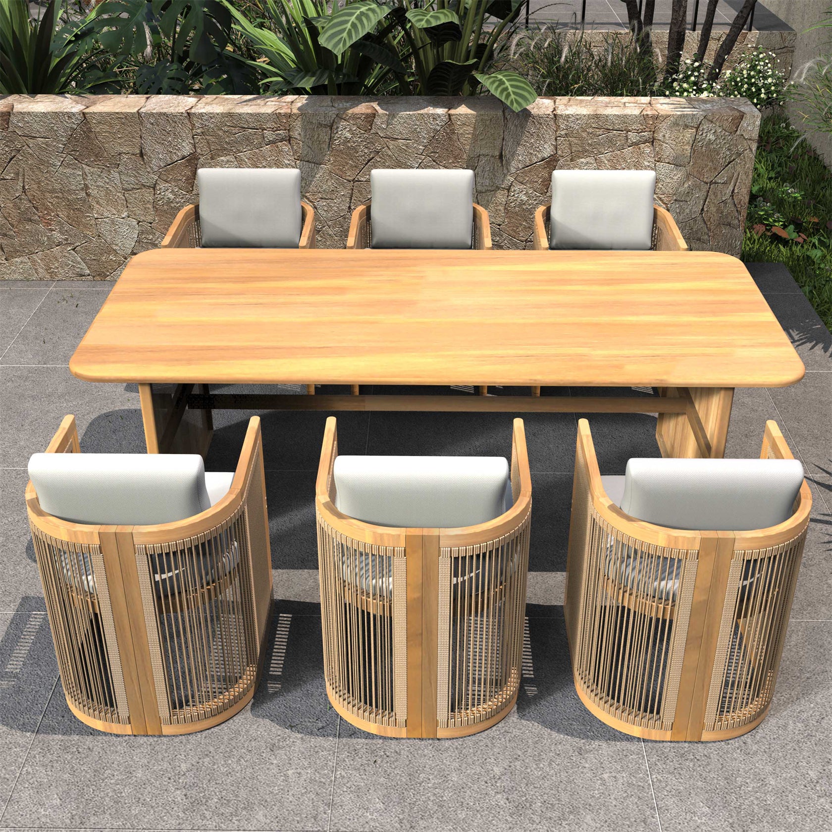 6-Seat Outdoor Dining Table Set with 6 Chairs – Acacia Wood Dining Set with Cushioned Seats (PAD-2517)