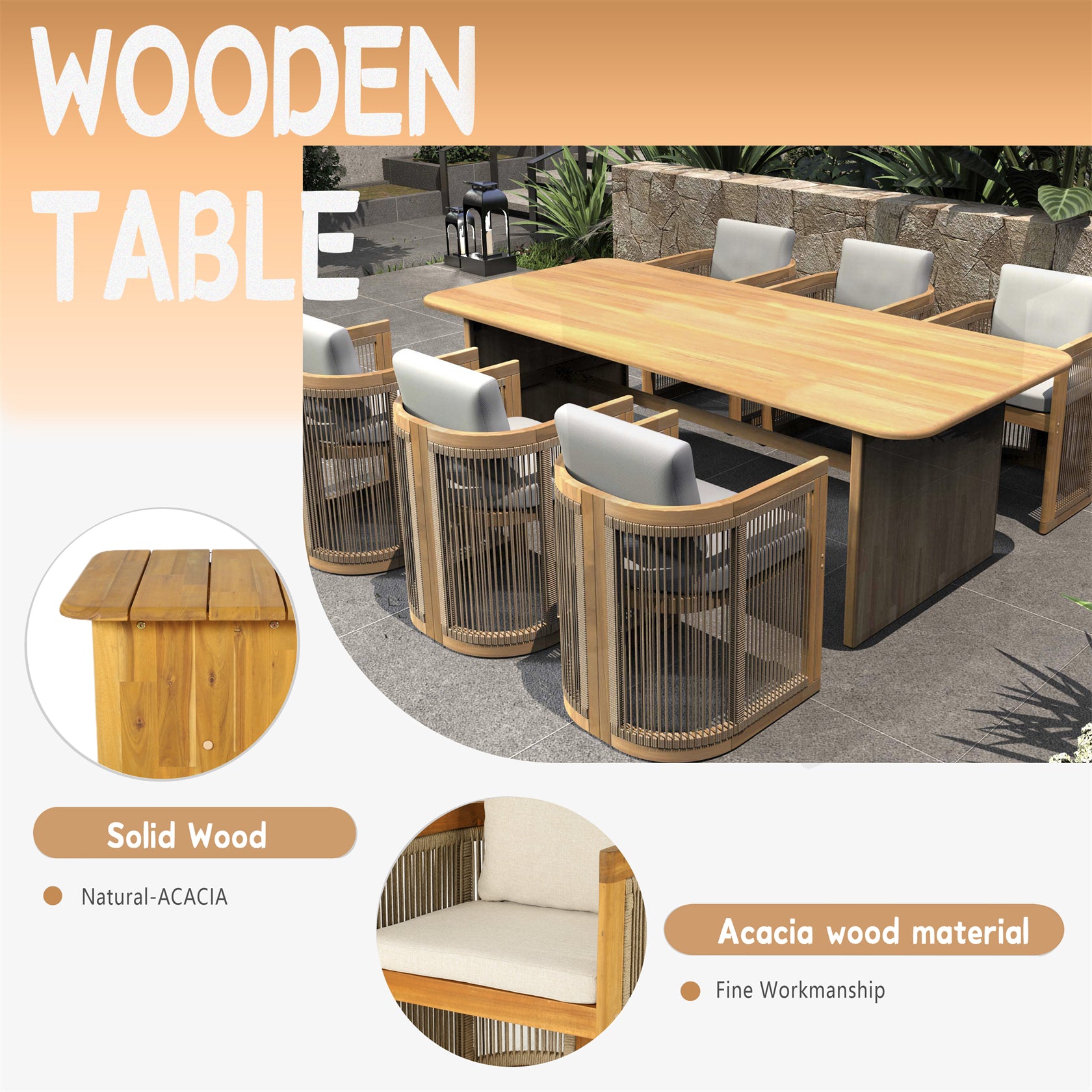 6-Seat Outdoor Dining Table Set with 6 Chairs – Acacia Wood Dining Set with Cushioned Seats (PAD-2517)