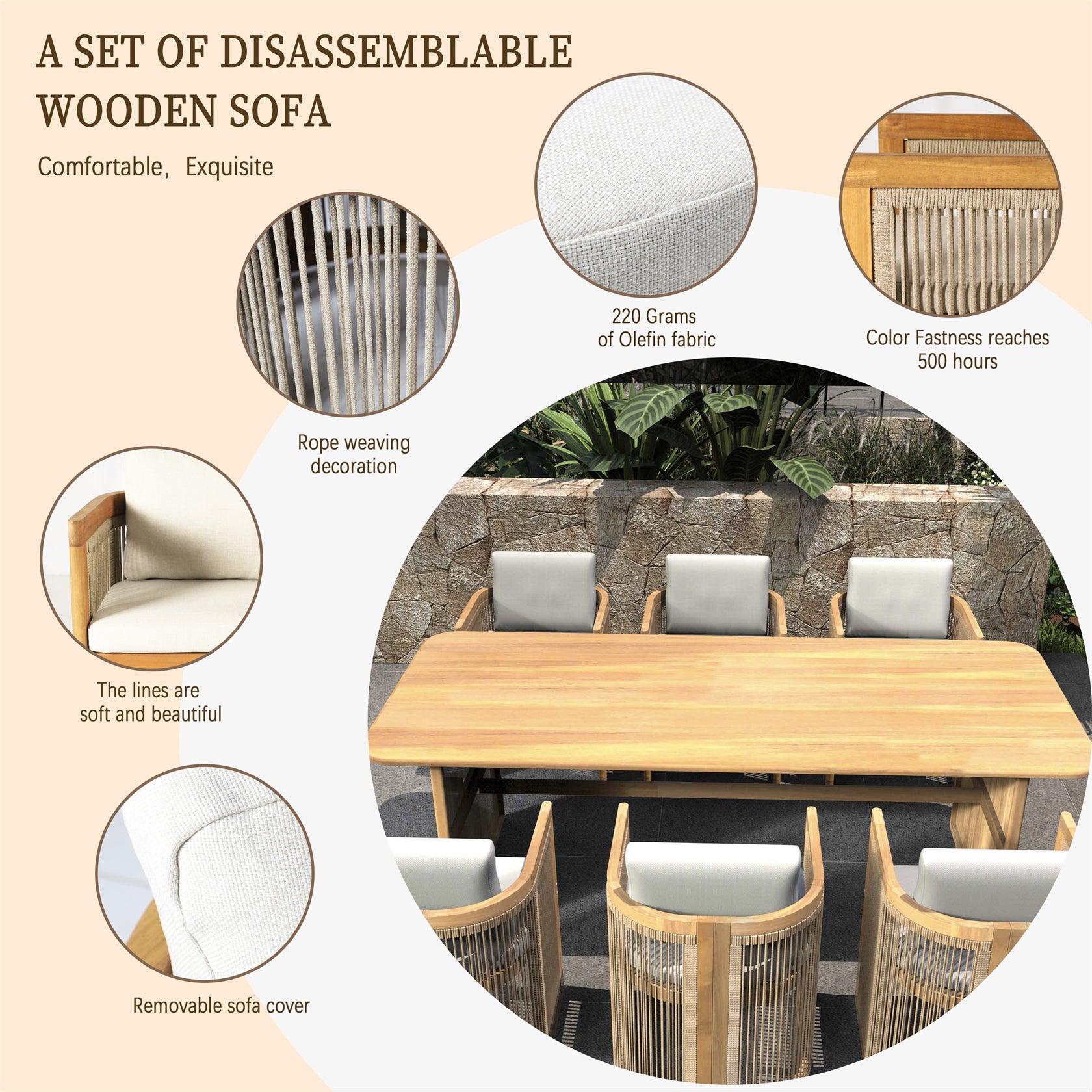 6-Seat Outdoor Dining Table Set with 6 Chairs – Acacia Wood Dining Set with Cushioned Seats (PAD-2517)