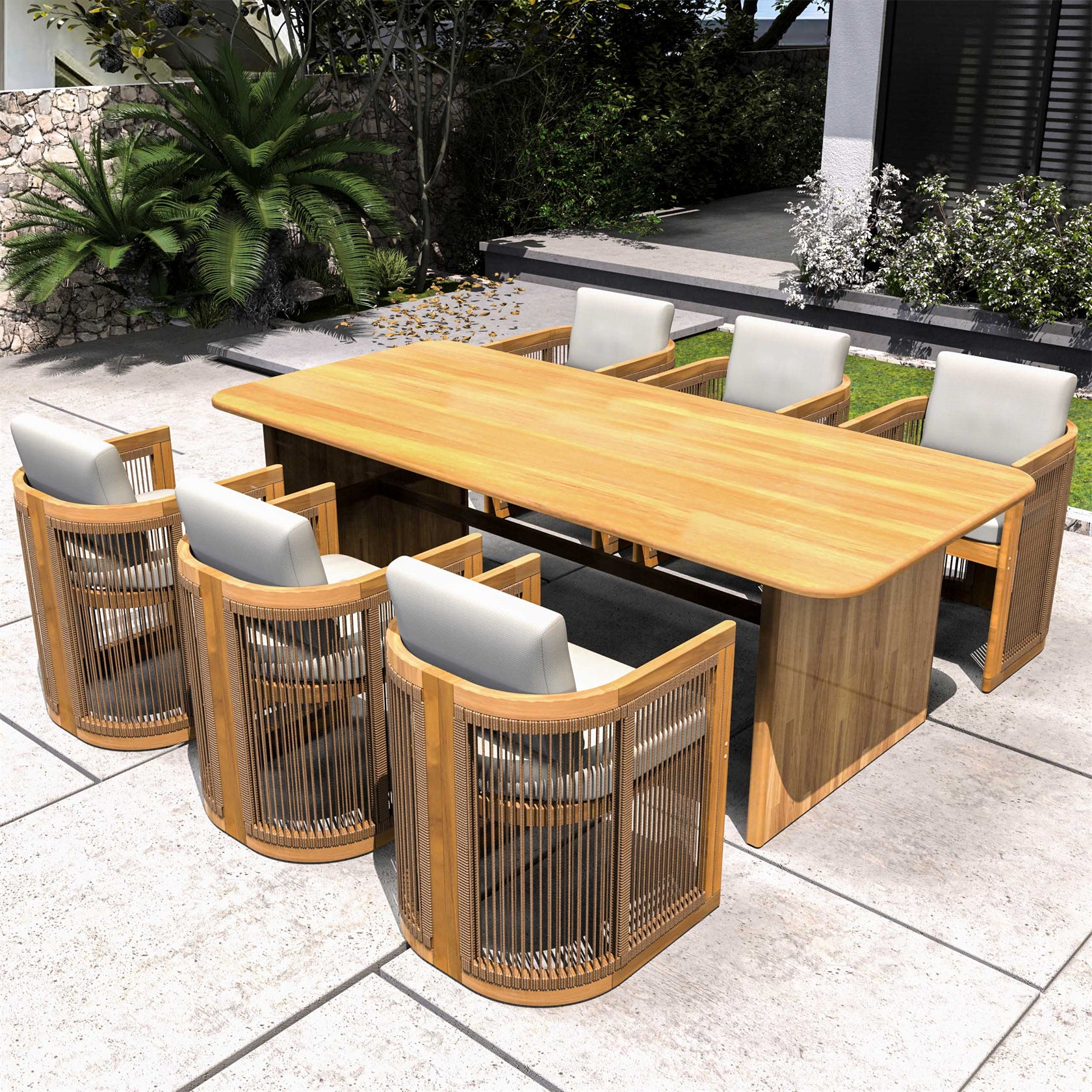 6-Seat Outdoor Dining Table Set with 6 Chairs – Acacia Wood Dining Set with Cushioned Seats (PAD-2517)