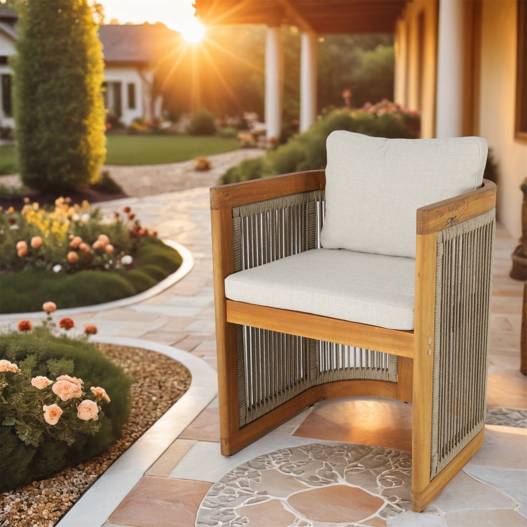 6-Seat Outdoor Dining Table Set with 6 Chairs – Acacia Wood Dining Set with Cushioned Seats (PAD-2517)