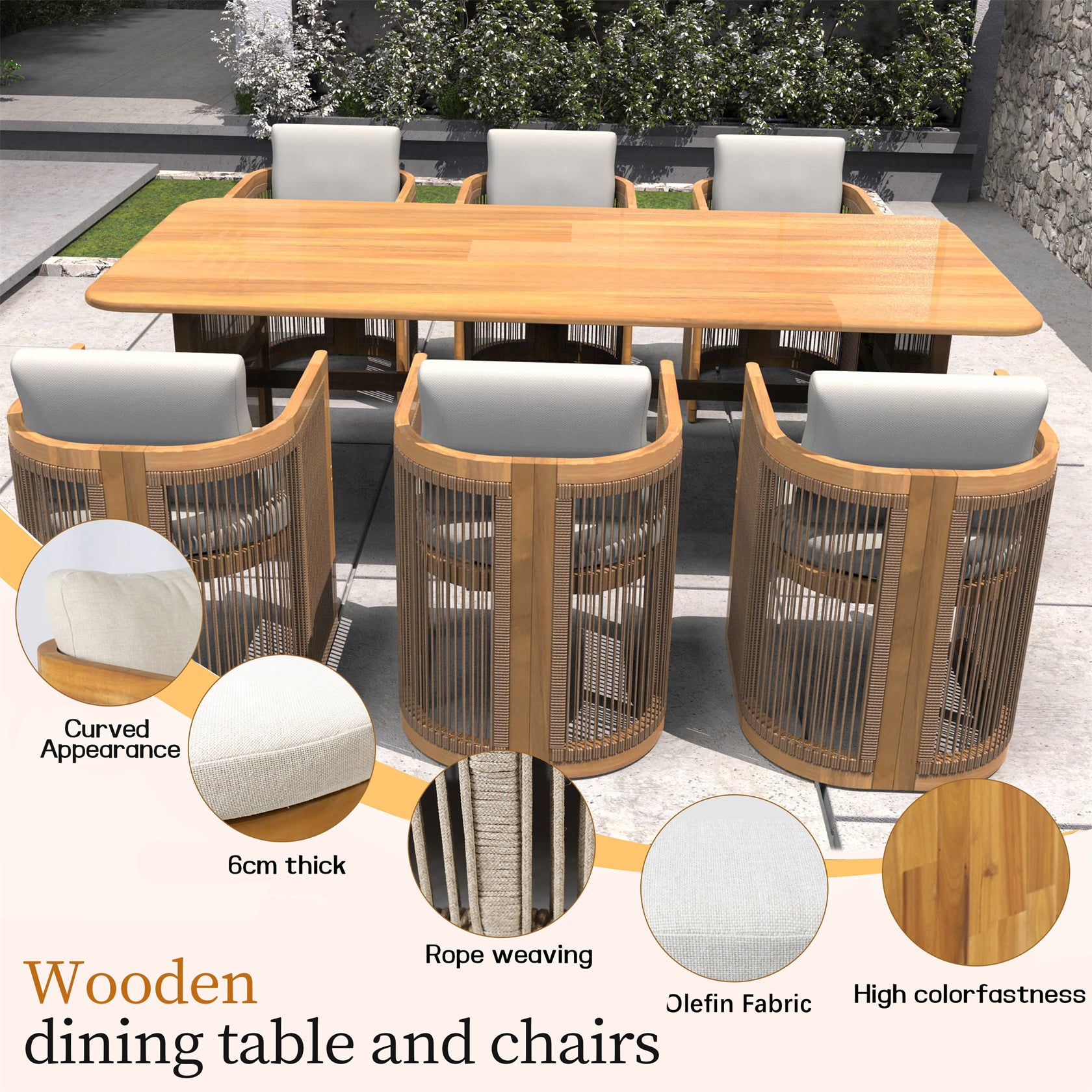 6-Seat Outdoor Dining Table Set with 6 Chairs – Acacia Wood Dining Set with Cushioned Seats (PAD-2517)