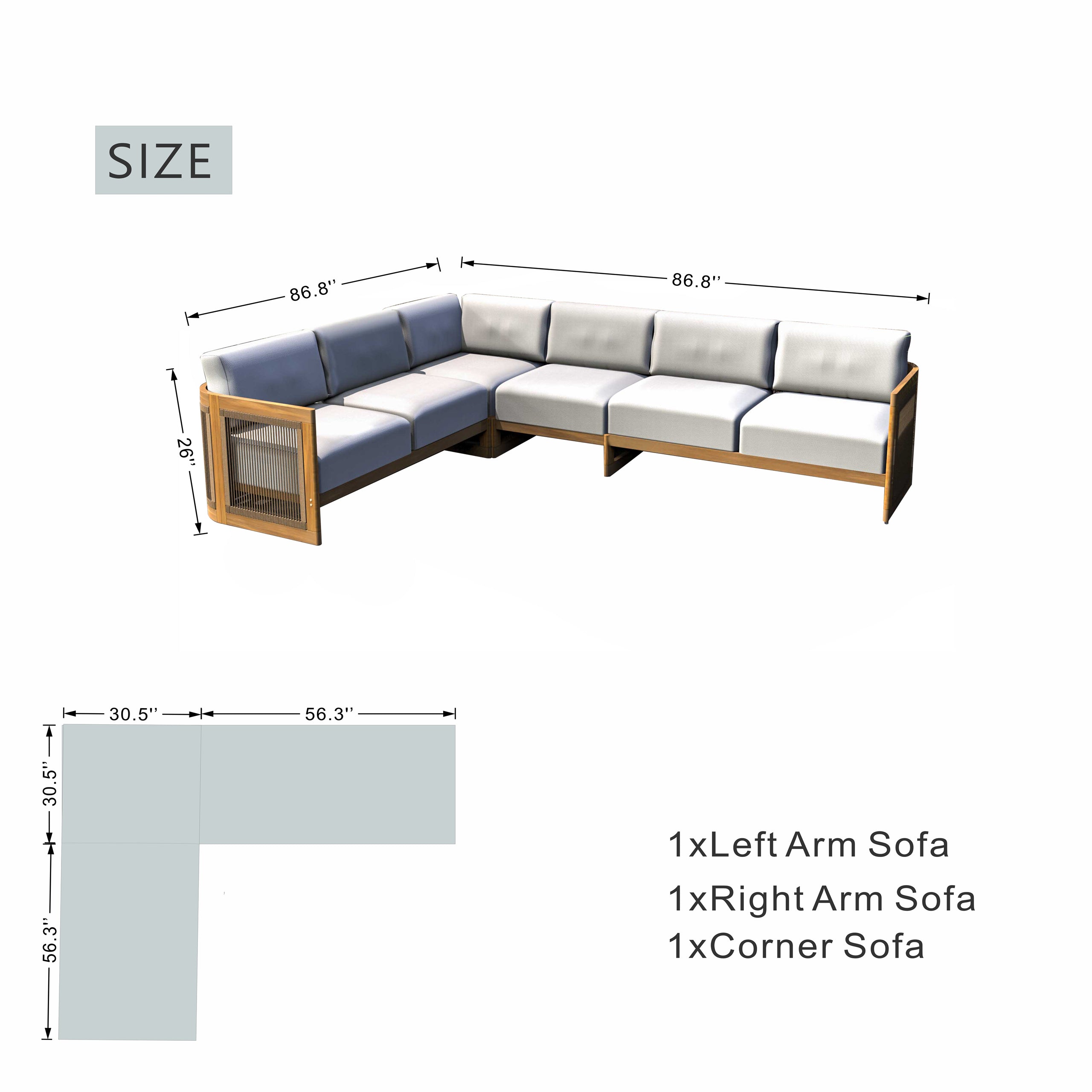 L-Shape 5 seat Solid Acacia Modular Sofa Set with Cushions – Lounge Configuration (PAS-2516-LS+CS+MS+RS)