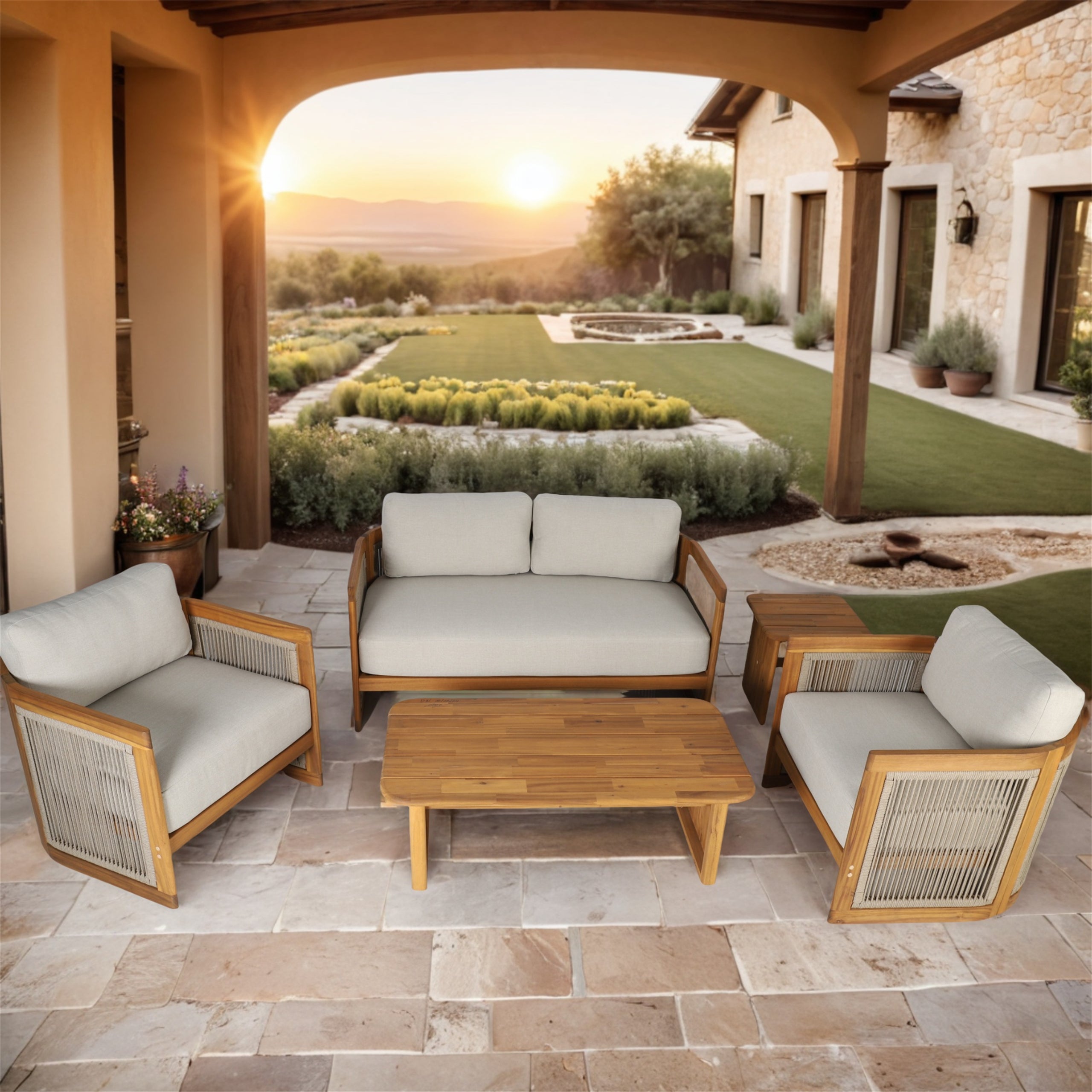 Solid Acacia 4-Seat Sofa Set with Side Table and Coffee Table (PAS-2515-2SS+SSx2+ST+TA)