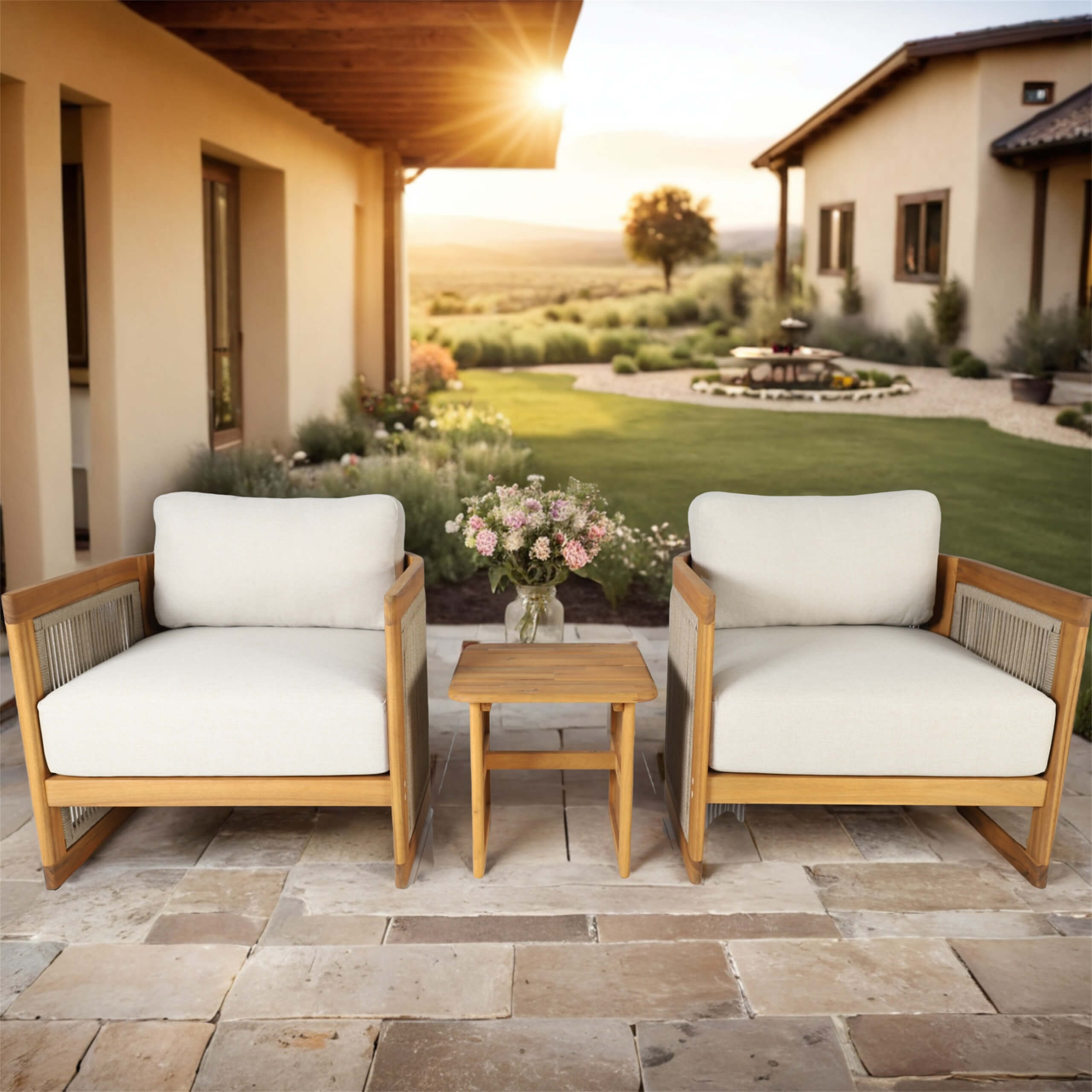 Solid Acacia 2-Seat Sofa Set with Side Table (PAS-2515-SSx2+ST)