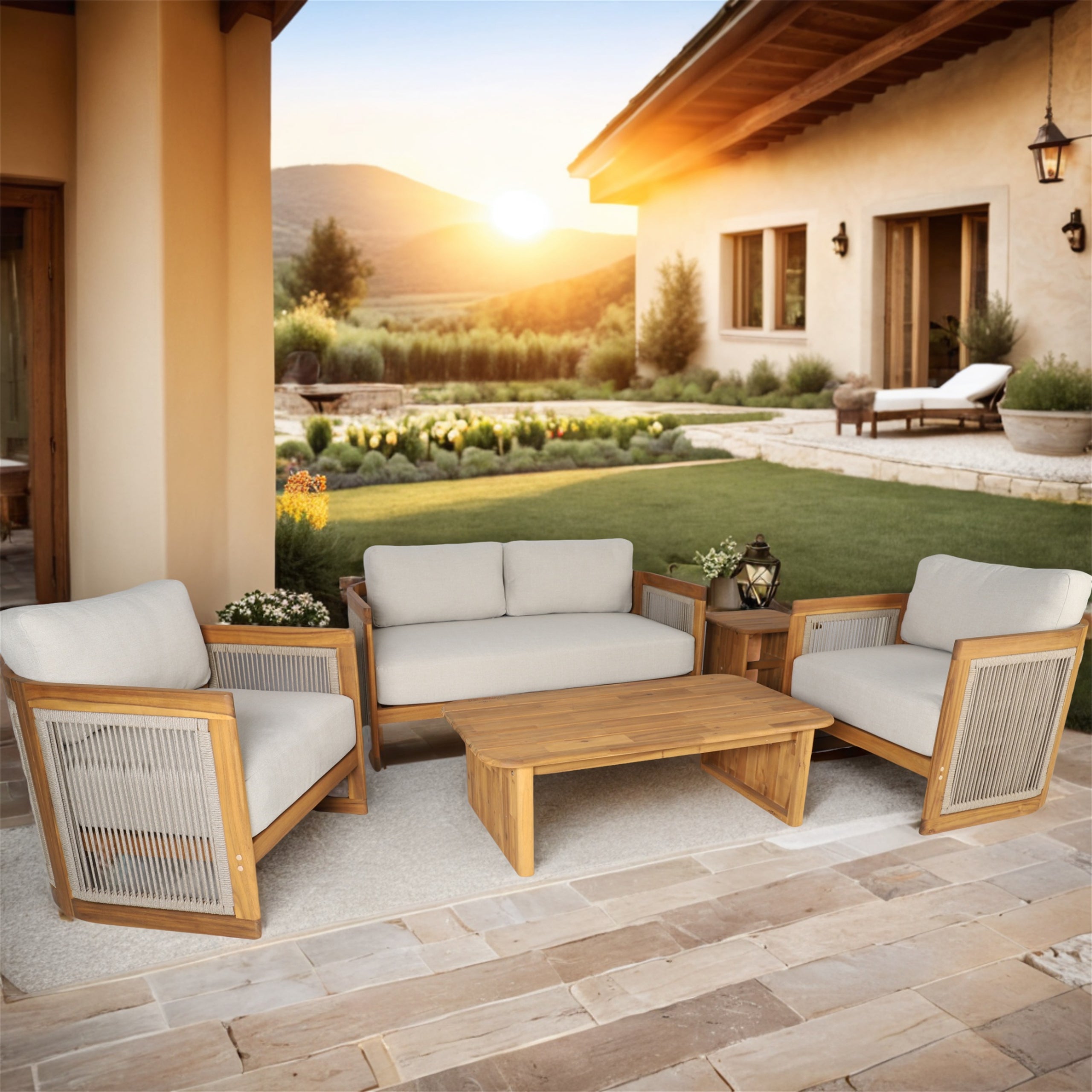 Solid Acacia 4-Seat Sofa Set with Side Table and Coffee Table (PAS-2515-2SS+SSx2+ST+TA)