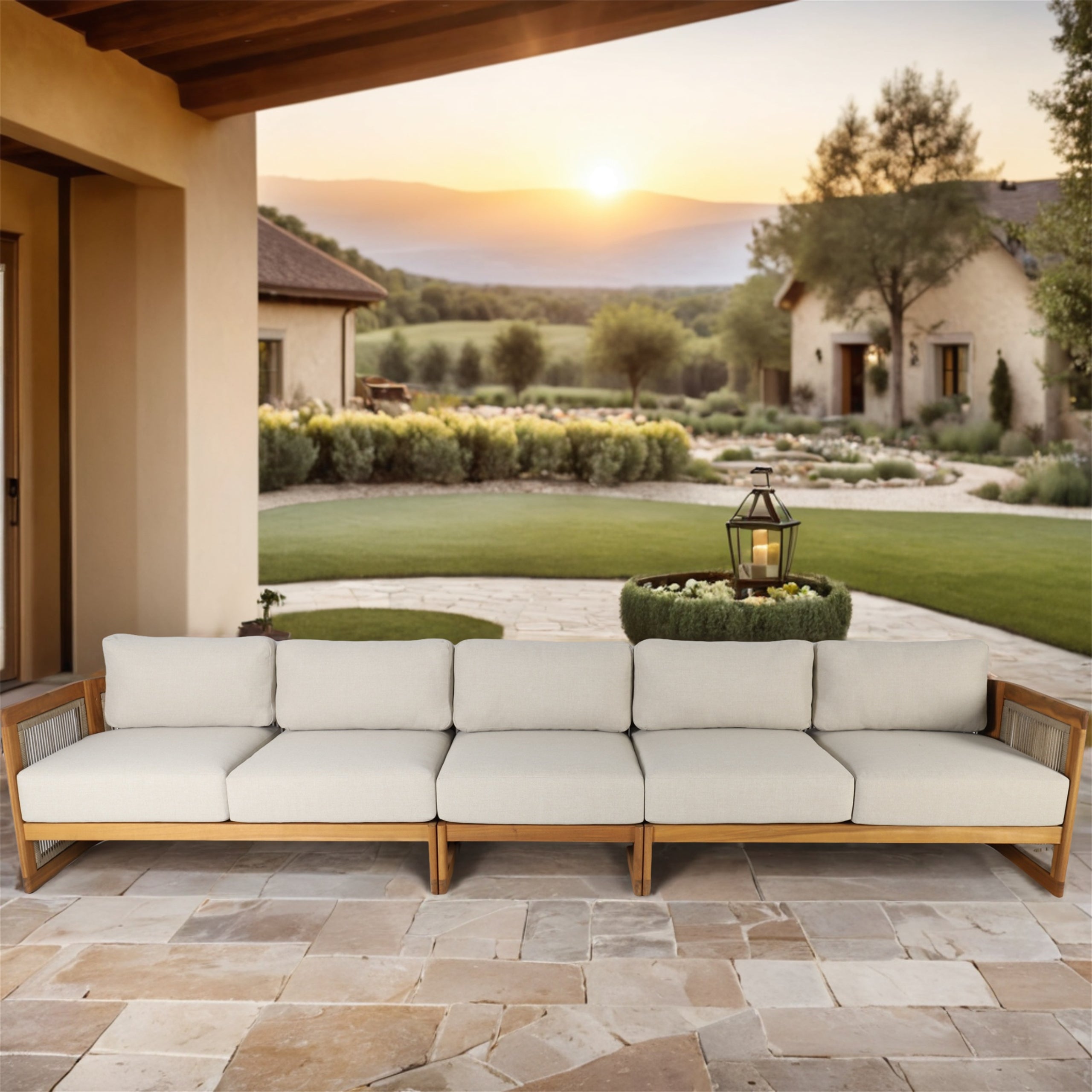 I-Shape 5-Seat Solid Acacia  Modular Sofa – Armless Middle with Side Support (PAS-2516-LS+MS+RS)