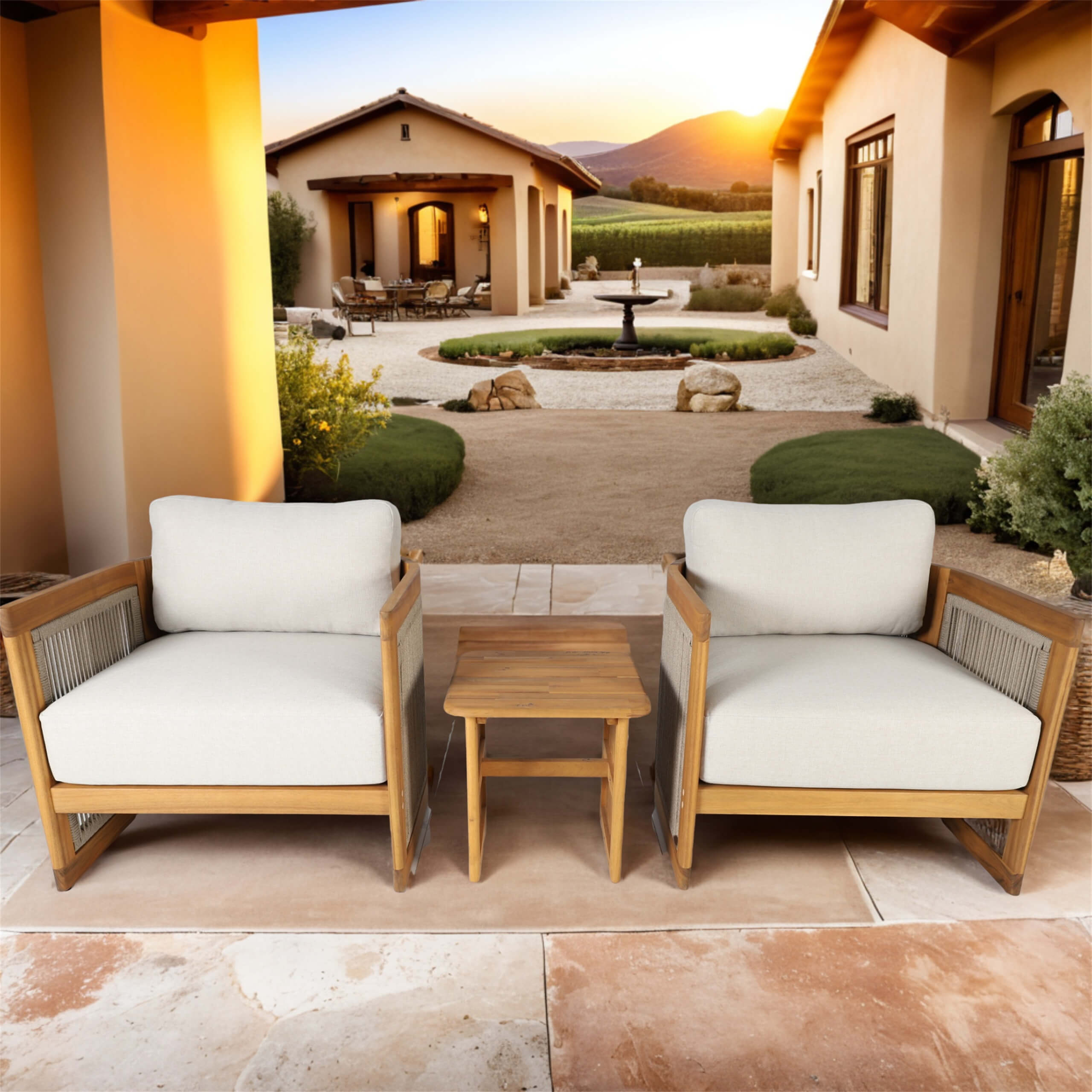 Solid Acacia 2-Seat Sofa Set with Side Table (PAS-2515-SSx2+ST)
