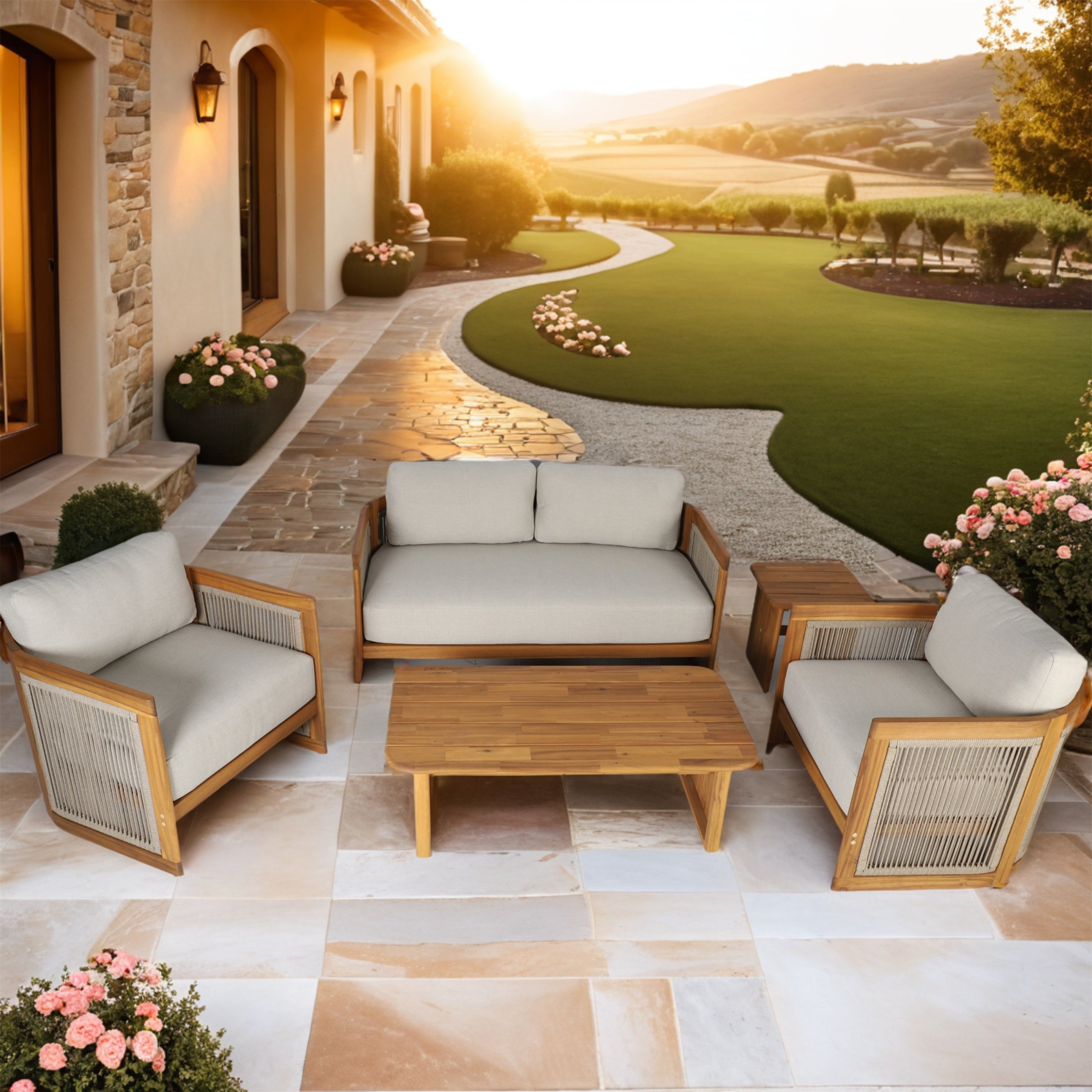 Solid Acacia 4-Seat Sofa Set with Side Table and Coffee Table (PAS-2515-2SS+SSx2+ST+TA)