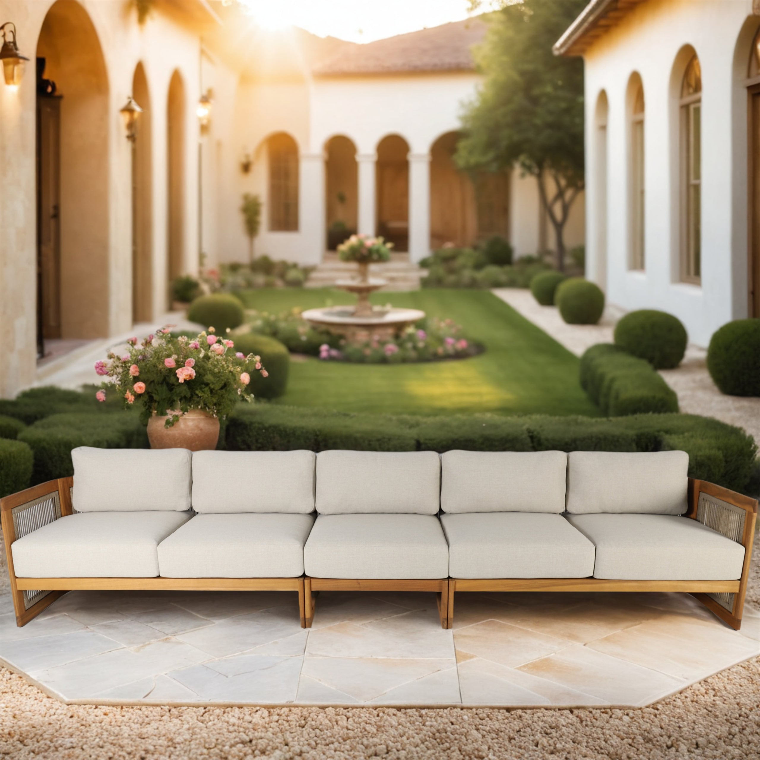 I-Shape 5-Seat Solid Acacia  Modular Sofa – Armless Middle with Side Support (PAS-2516-LS+MS+RS)
