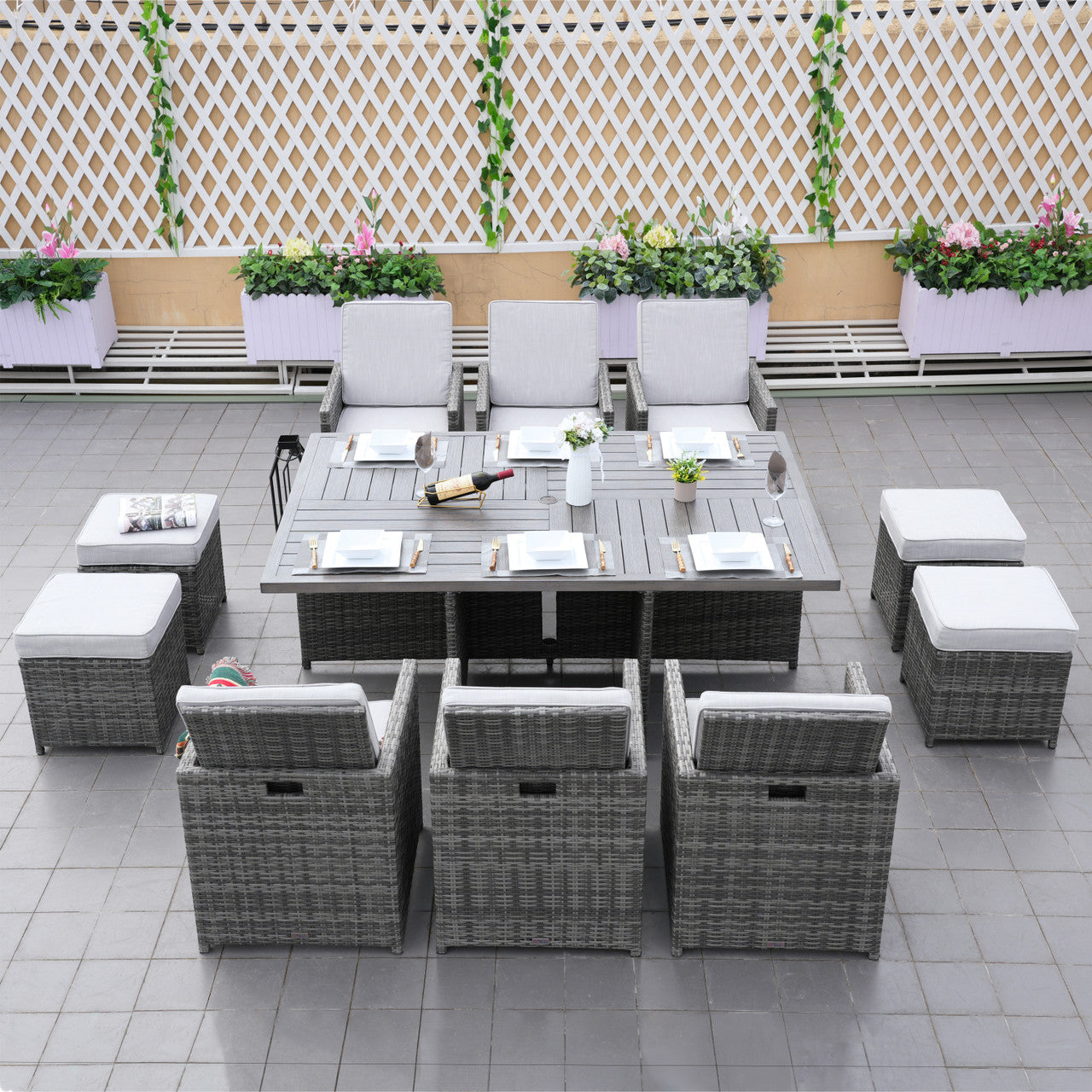6 Seats Aluminum Dining Table Set 6 Seats Patio Dining Set Rectangular Dining Table with Chairs and Ottoman in Gray