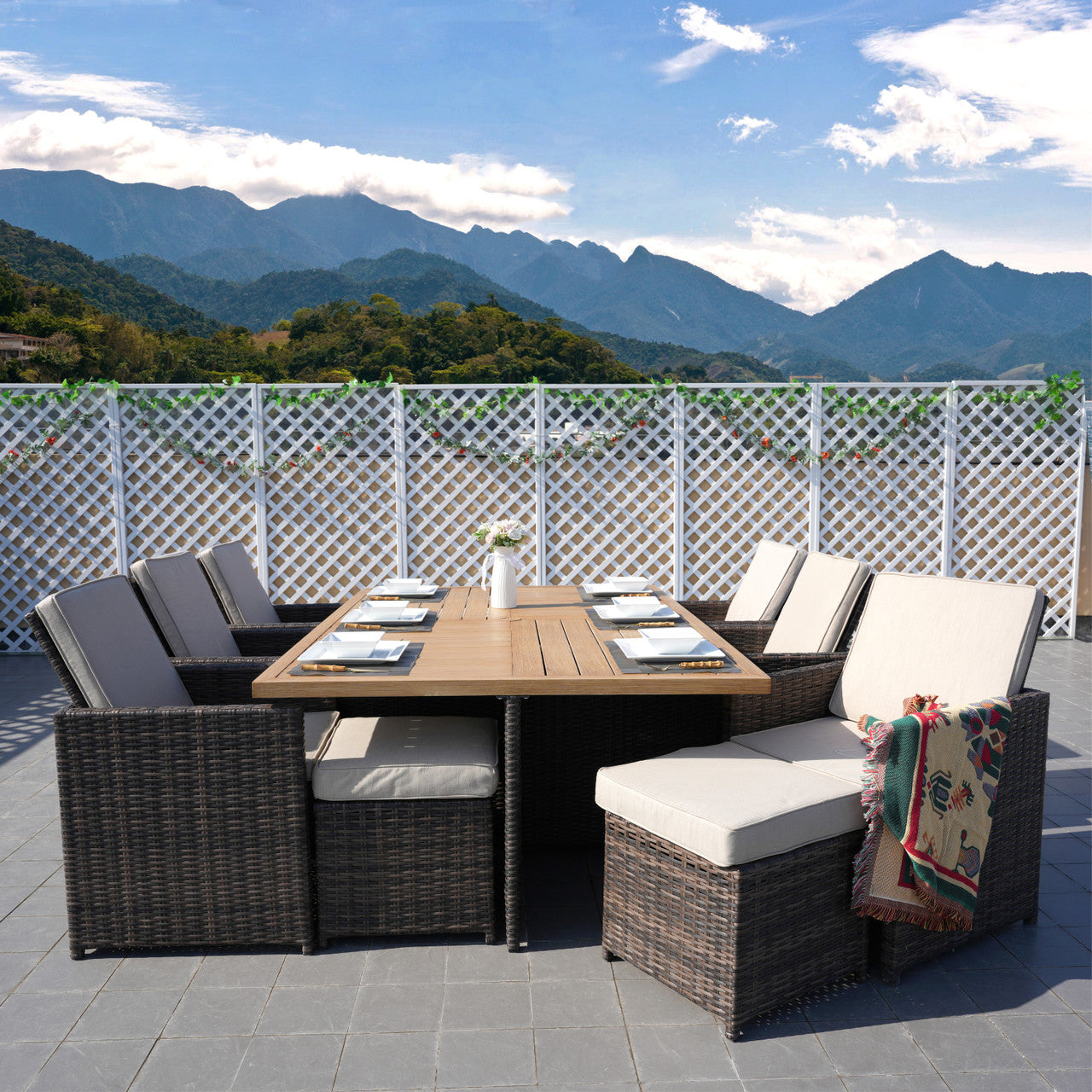 6 Seats Aluminum Dining Table Set 6 Seats Patio Dining Set Rectangular Dining Table with Chairs and Ottoman in brown