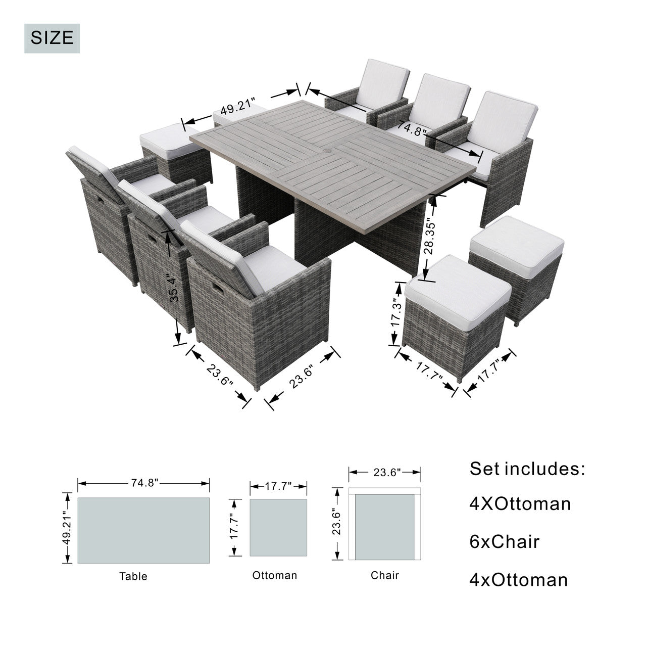 Size of 6 Seats Aluminum Dining Table Set