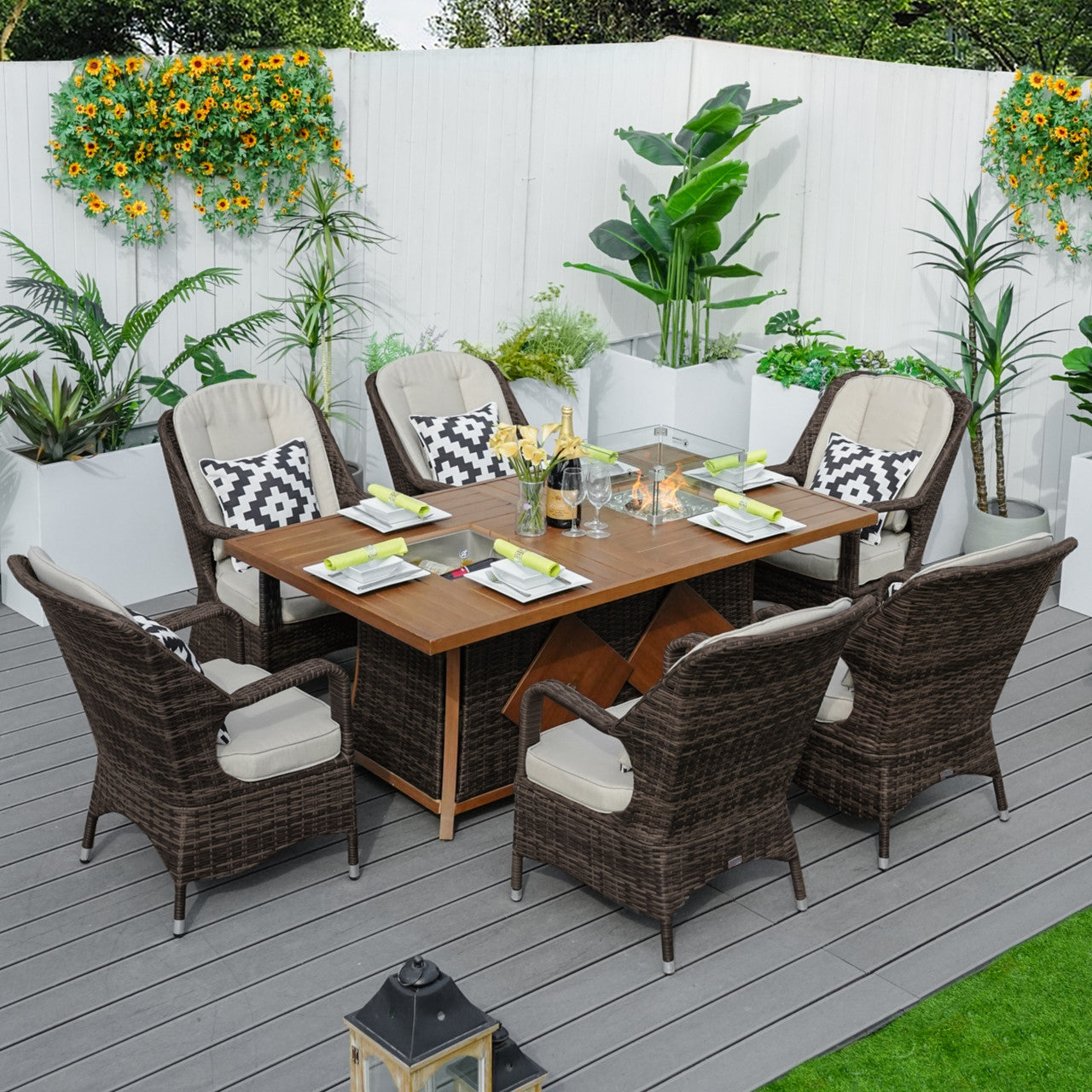 6 Seats Fire Pit Set Rectangular Aluminum Painted Fire Pit Table with Ice Bucket and Fireplace in Brown