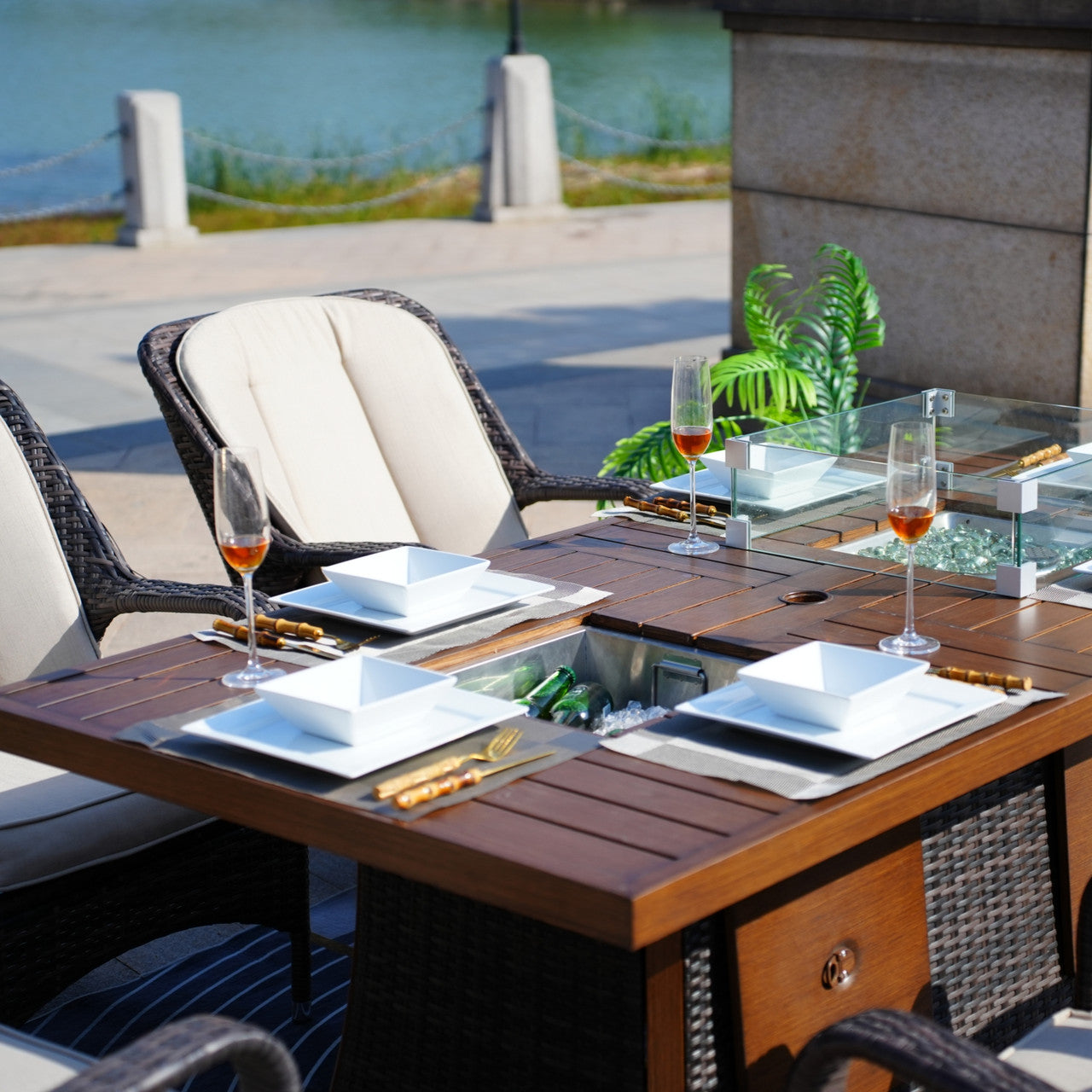 Details of 6 Seats Fire Pit Set Rectangular Aluminum Painted Fire Pit Table with Ice Bucket and Fireplace
