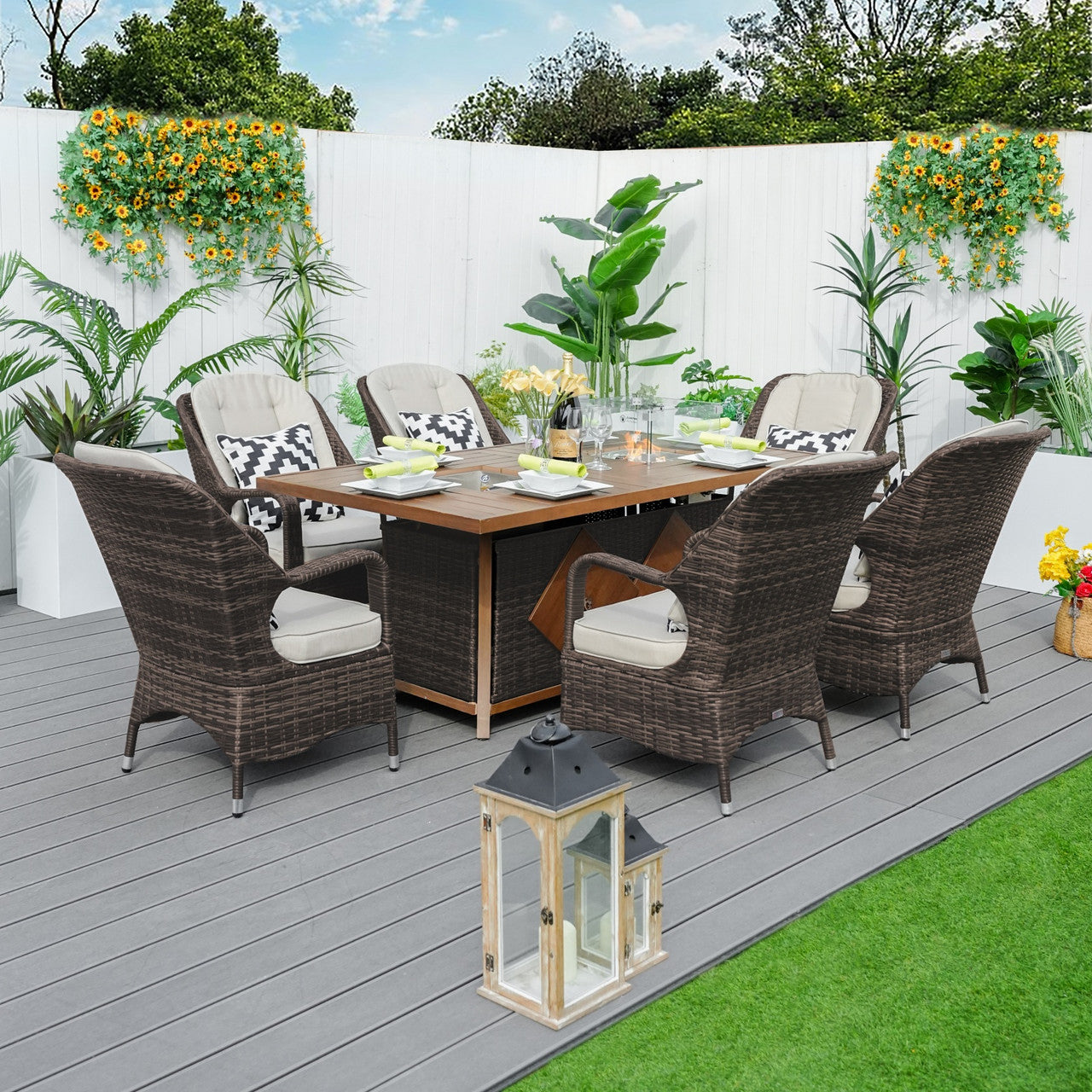 Details of 6 Seats Fire Pit Set Rectangular Aluminum Painted Fire Pit Table with Ice Bucket and Fireplace