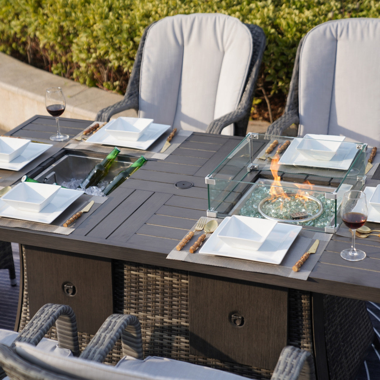 Parma 6-Seat Outdoor Fire Pit Dining Set – Rectangle Fire Pit Table with Ice Bucket (PAG-1106FI)