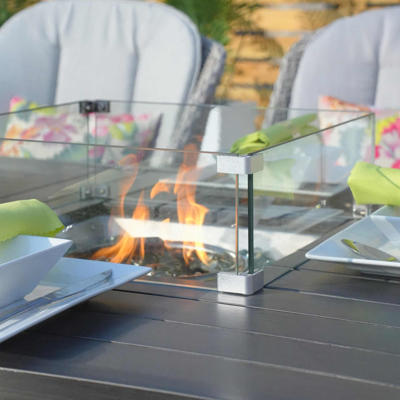 Details of 6 Seats Fire Pit Set Rectangular Aluminum Painted Fire Pit Table with Ice Bucket and Fireplace