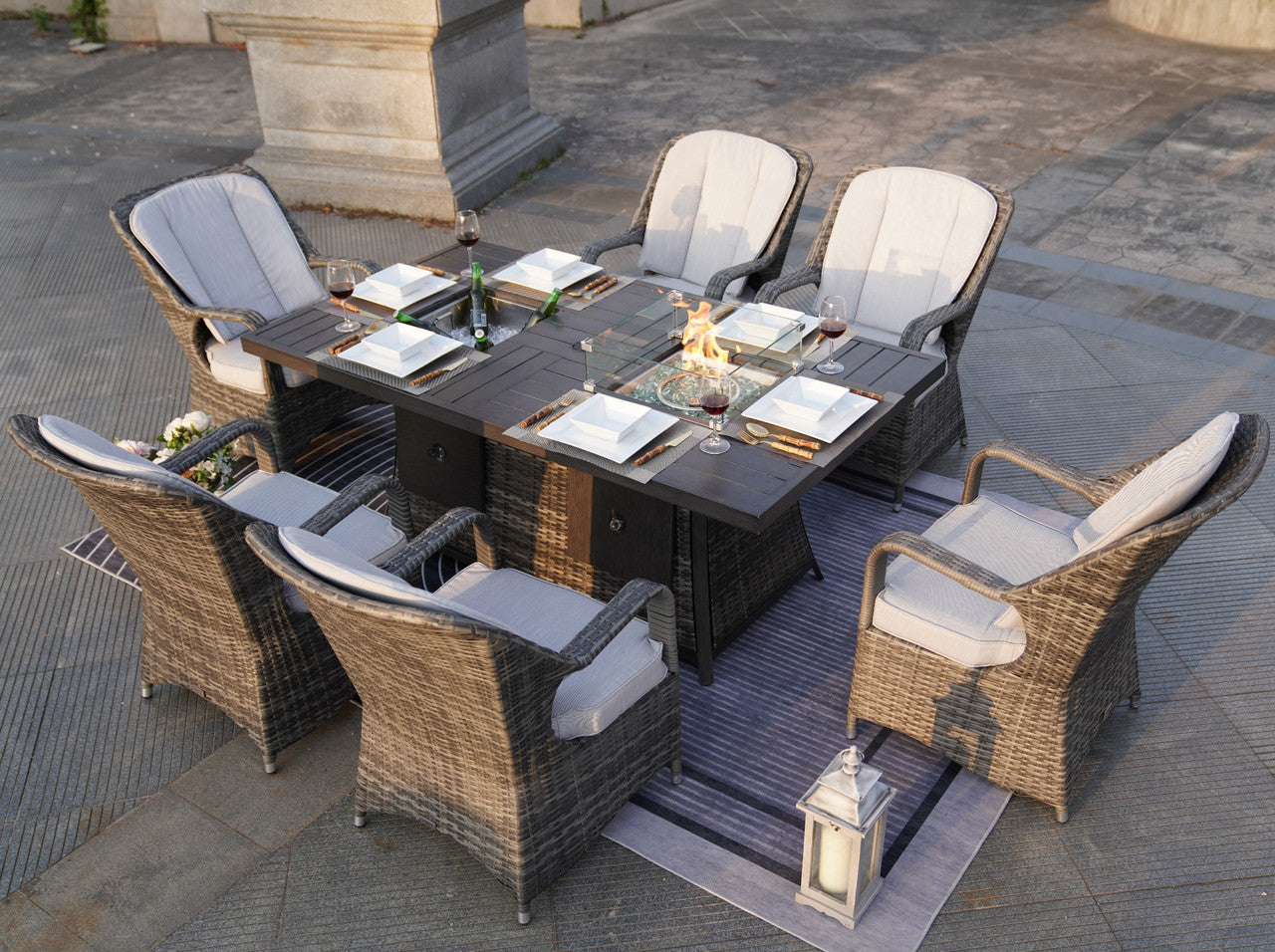 6 Seats Fire Pit Set Rectangular Aluminum Painted Fire Pit Table with Ice Bucket and Fireplace in Gray