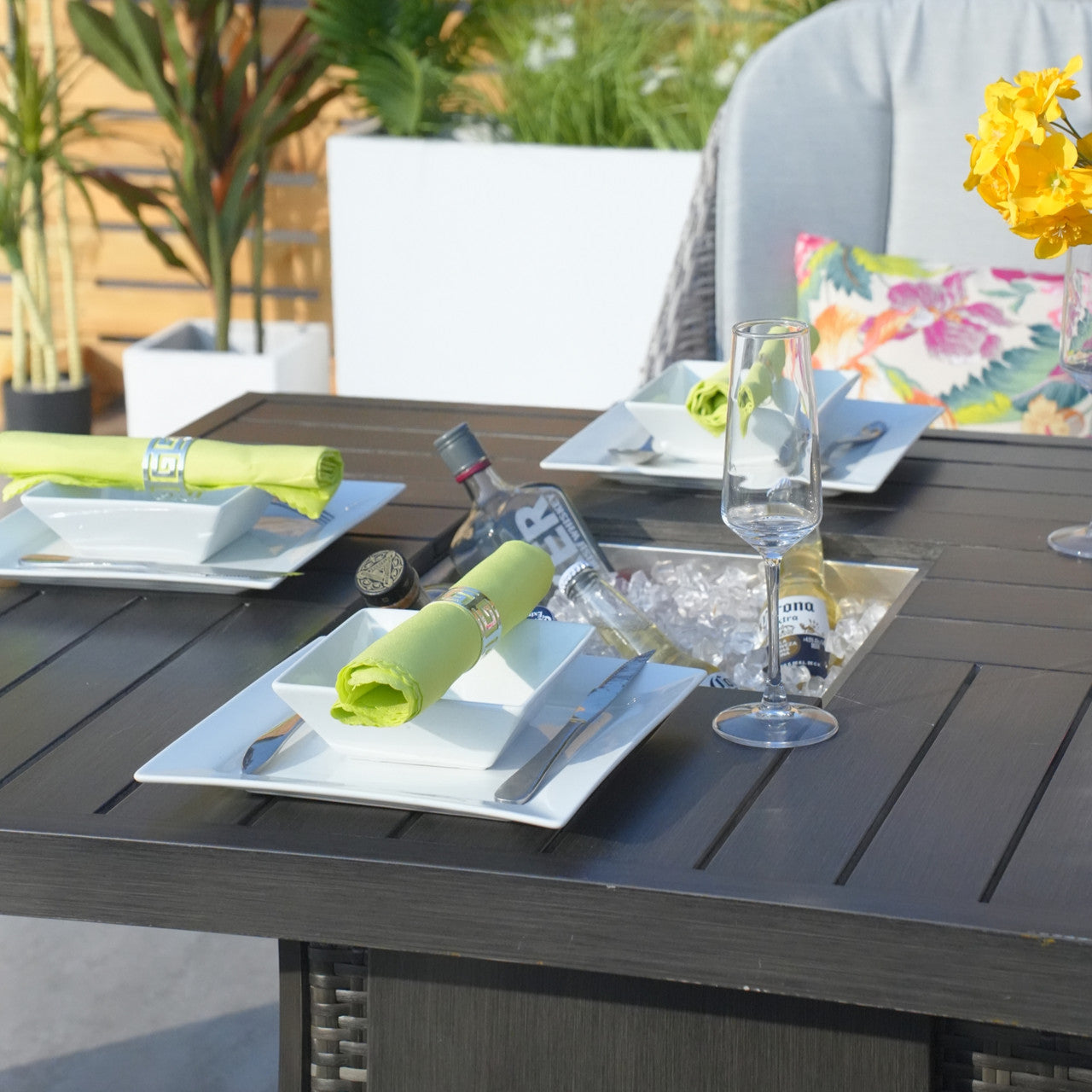 Parma 6-Seat Outdoor Fire Pit Dining Set – Rectangle Fire Pit Table with Ice Bucket (PAG-1106FI)