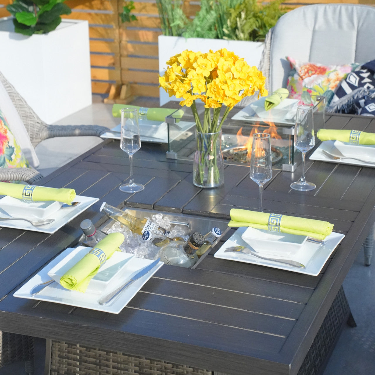 Details of 6 Seats Fire Pit Set Rectangular Aluminum Painted Fire Pit Table with Ice Bucket and Fireplace