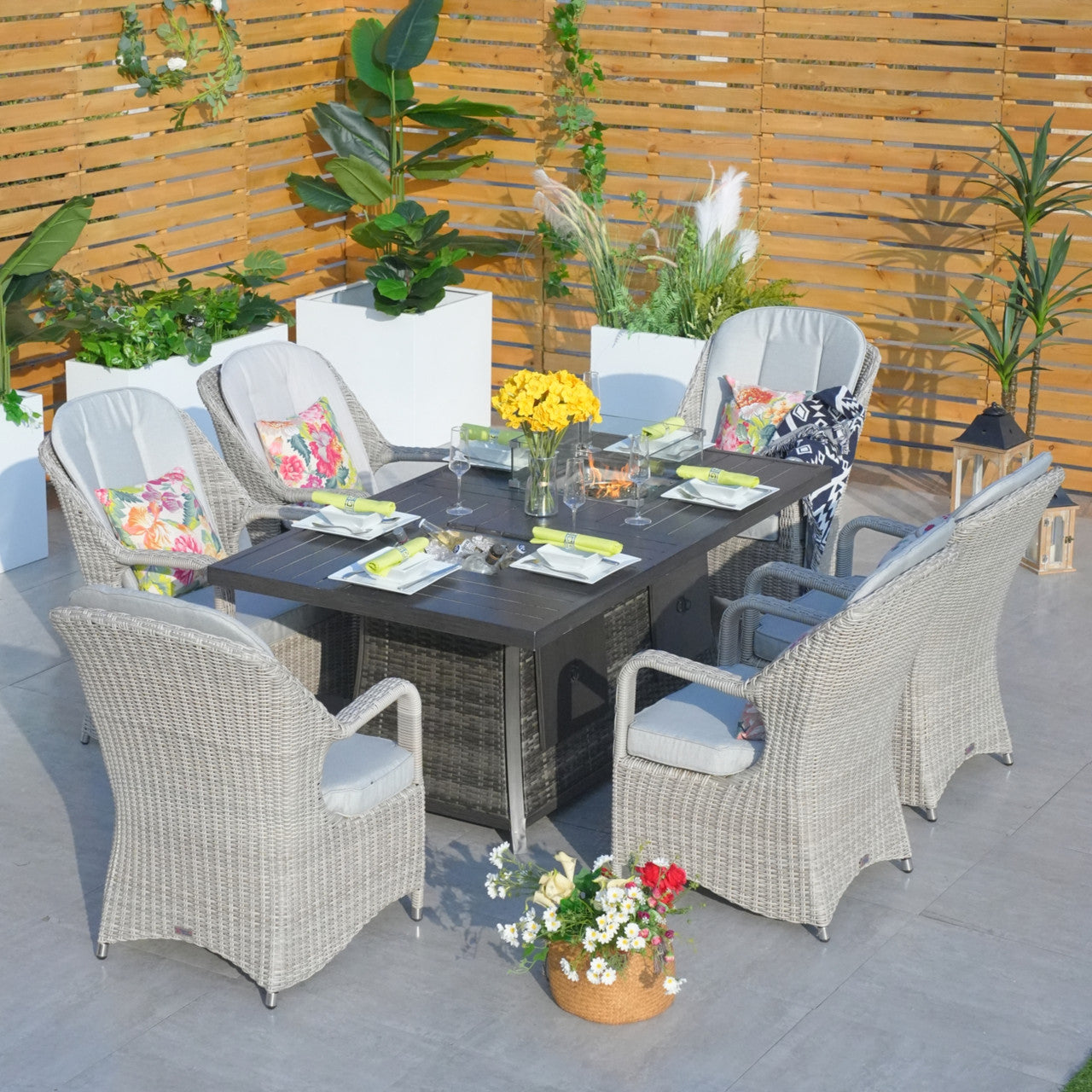 Parma 6-Seat Outdoor Fire Pit Dining Set – Rectangle Fire Pit Table with Ice Bucket (PAG-1106FI)