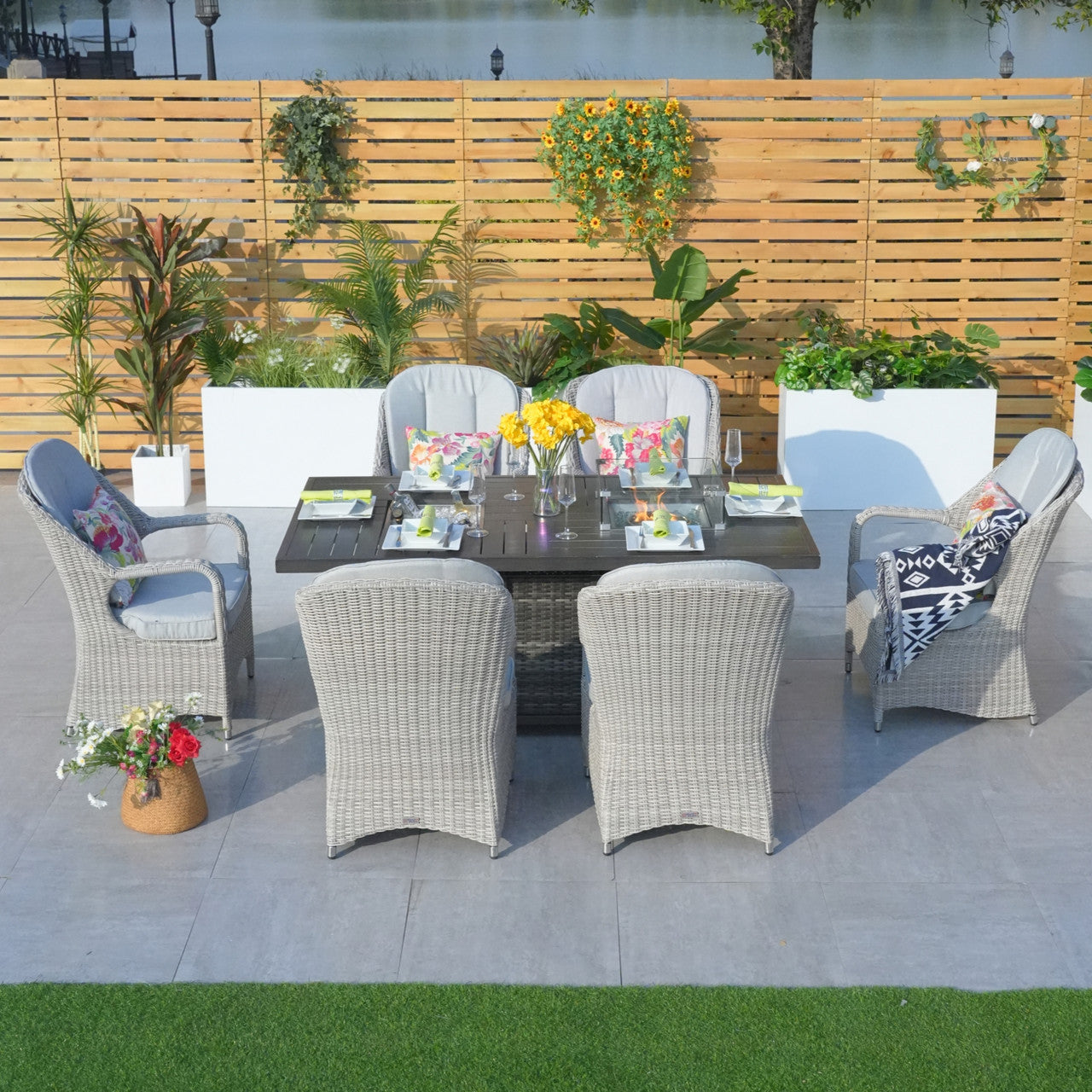 Details of 6 Seats Fire Pit Set Rectangular Aluminum Painted Fire Pit Table with Ice Bucket and Fireplace