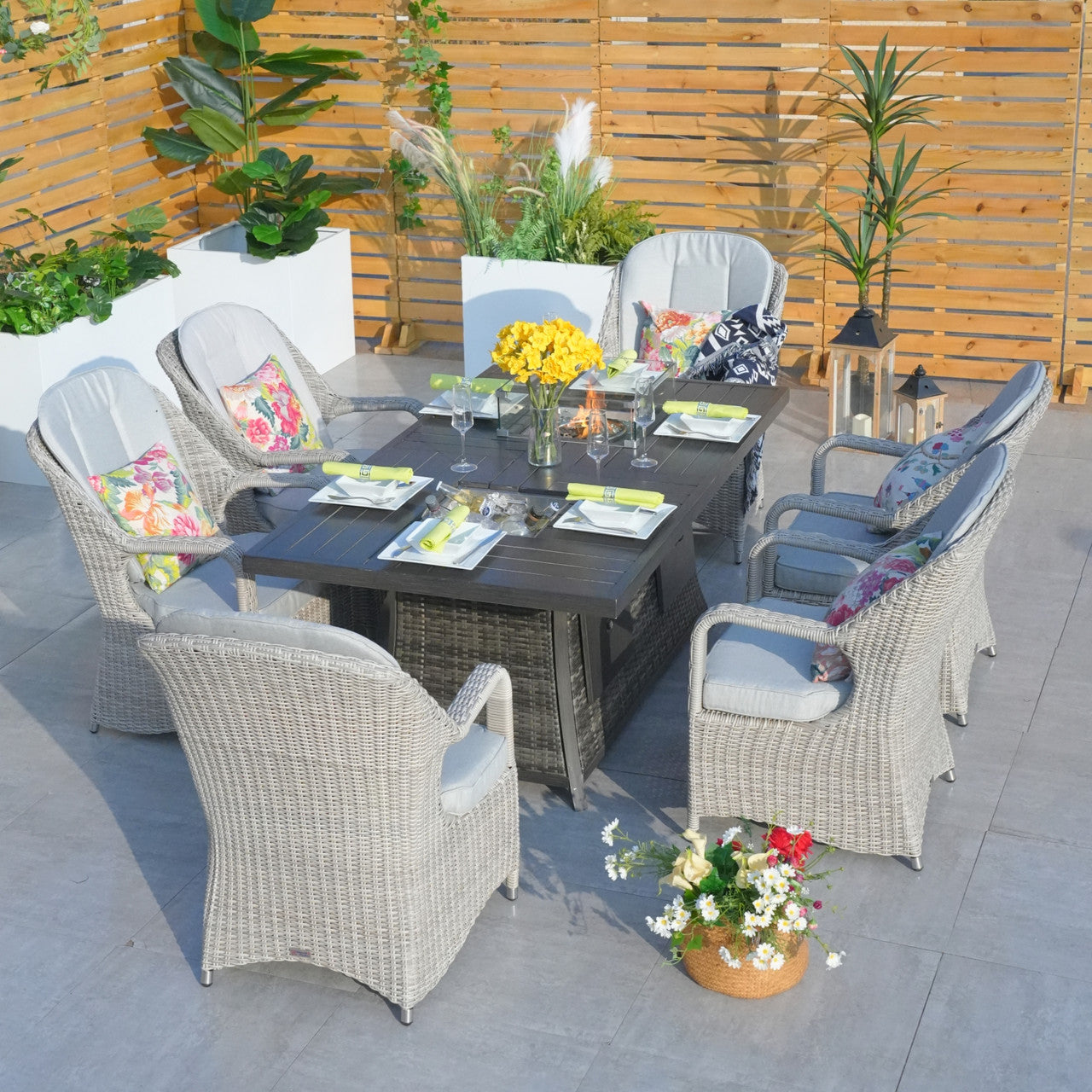 6 Seats Fire Pit Set Rectangular Aluminum Painted Fire Pit Table with Ice Bucket and Fireplace in Gray Color