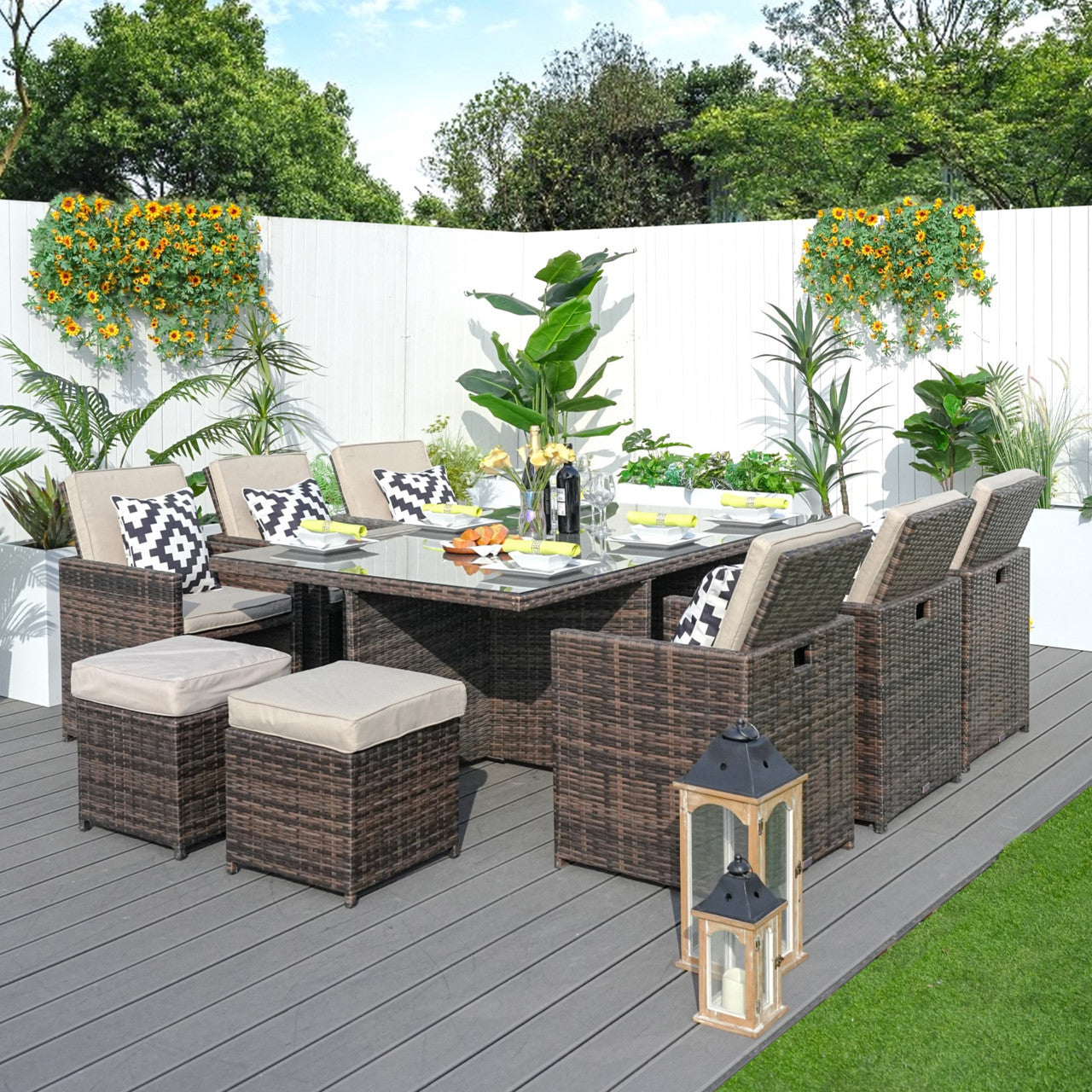6 Seats Patio Dining Set Rectangular Dining Table with Chairs and Ottoman in Brown