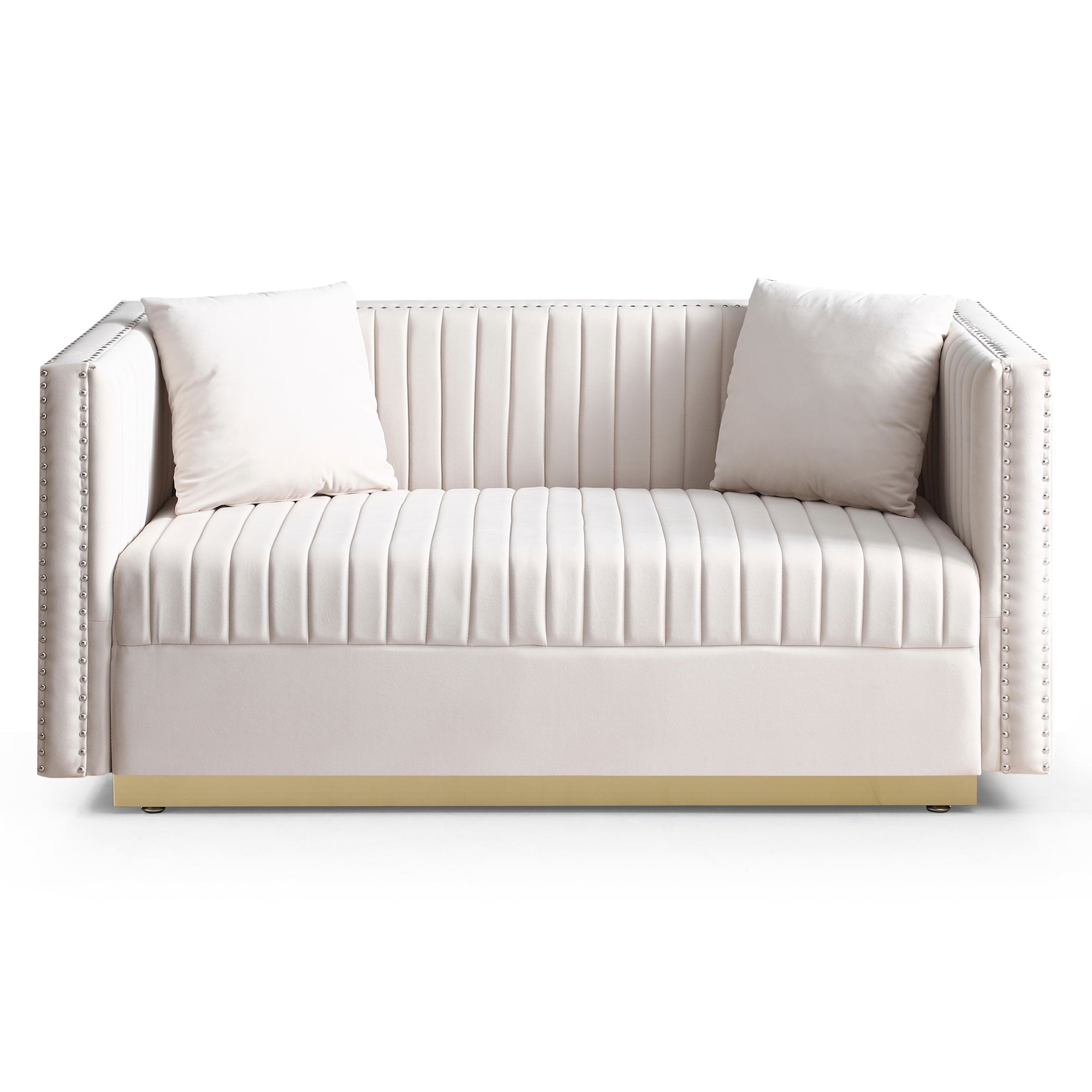 Contemporary Vertical Channel Tufted Velvet Sofa Loveseat Modern Upholstered 2 Seater Couch with 2 Pillows, Beige