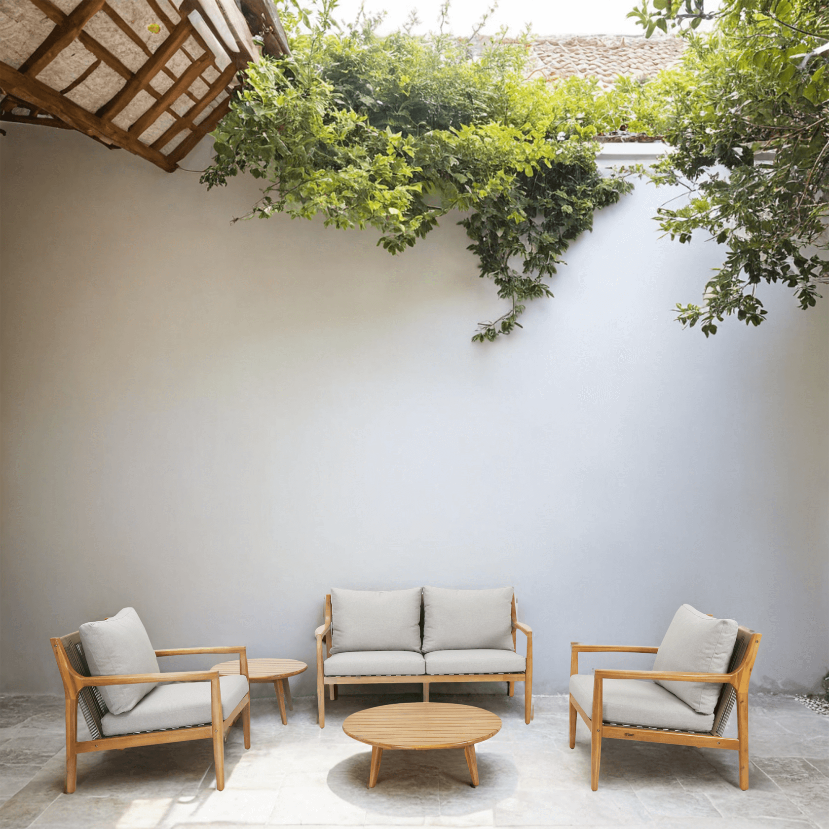 Rebel 4-Seat Wood Patio Conversation Set with Footstool (PAS-2513-2SC+SC*2+TA+ST)