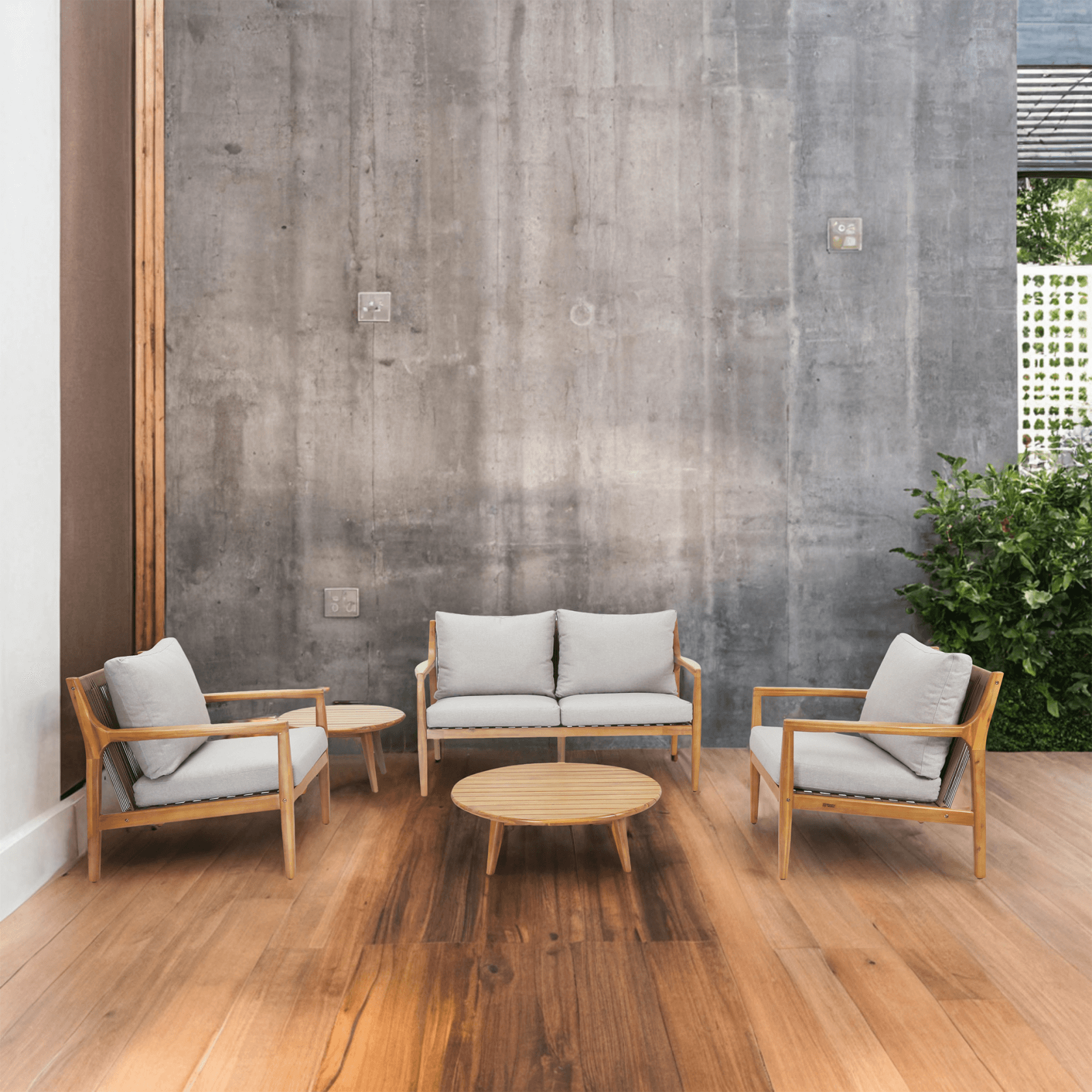 Rebel 4-Seat Wood Patio Conversation Set with Footstool (PAS-2513-2SC+SC*2+TA+ST)