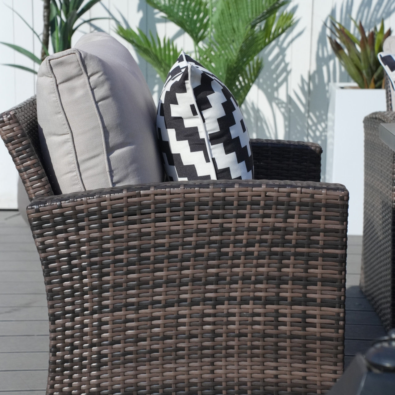 Details of 7-Piece Direct Wicker Patio Seating Rectangle Firepit Table Sofa Set in Brown Color