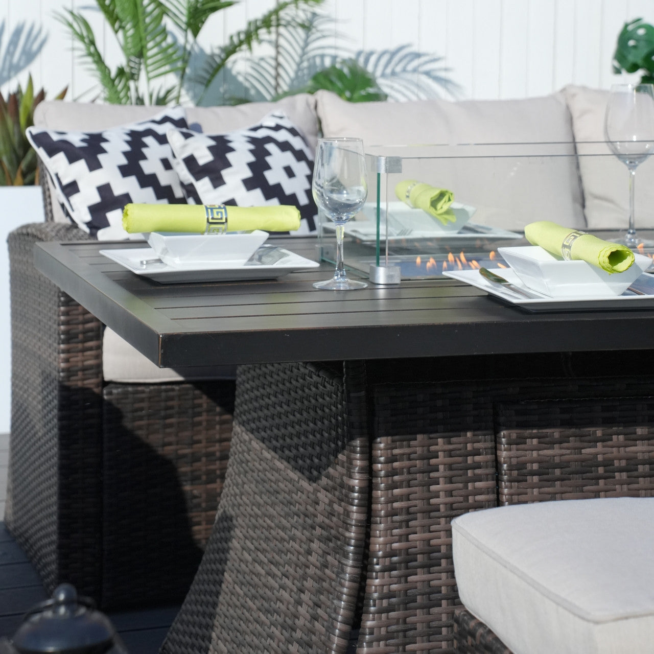 Details of 7-Piece Direct Wicker Patio Seating Rectangle Firepit Table Sofa Set in Brown Color