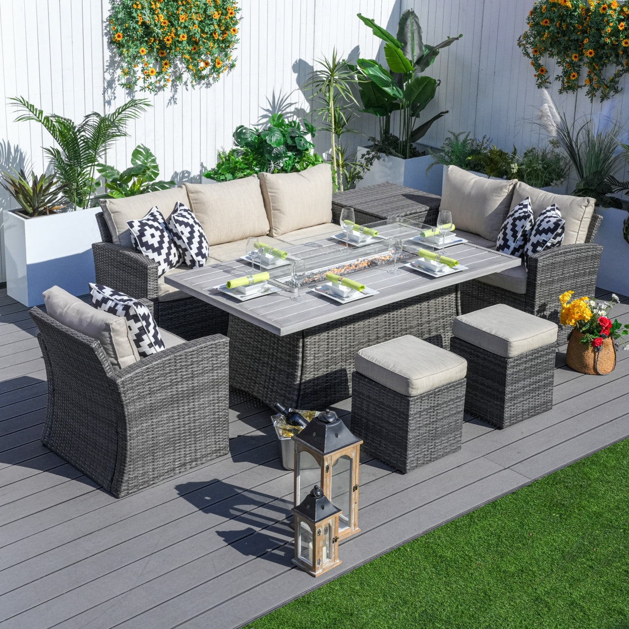 Details of 7-Piece Direct Wicker Patio Seating Rectangle Firepit Table Sofa Set in Gray Color