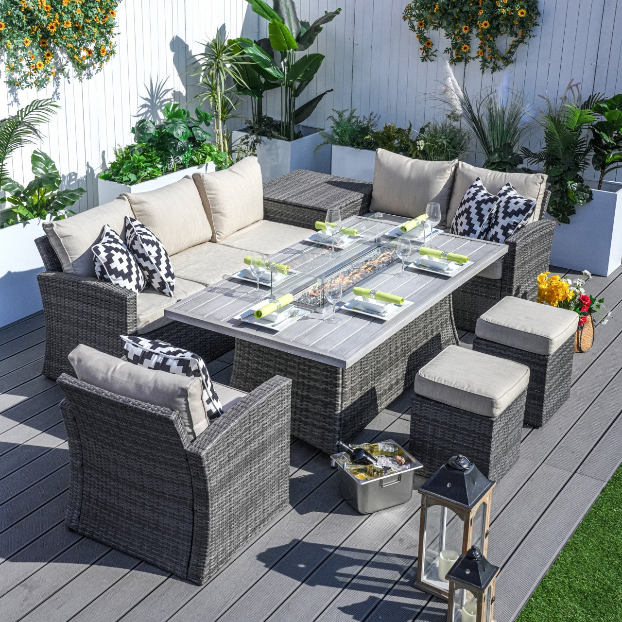 7-Piece Direct Wicker Patio Seating Rectangle Firepit Table Sofa Set in Gray Color