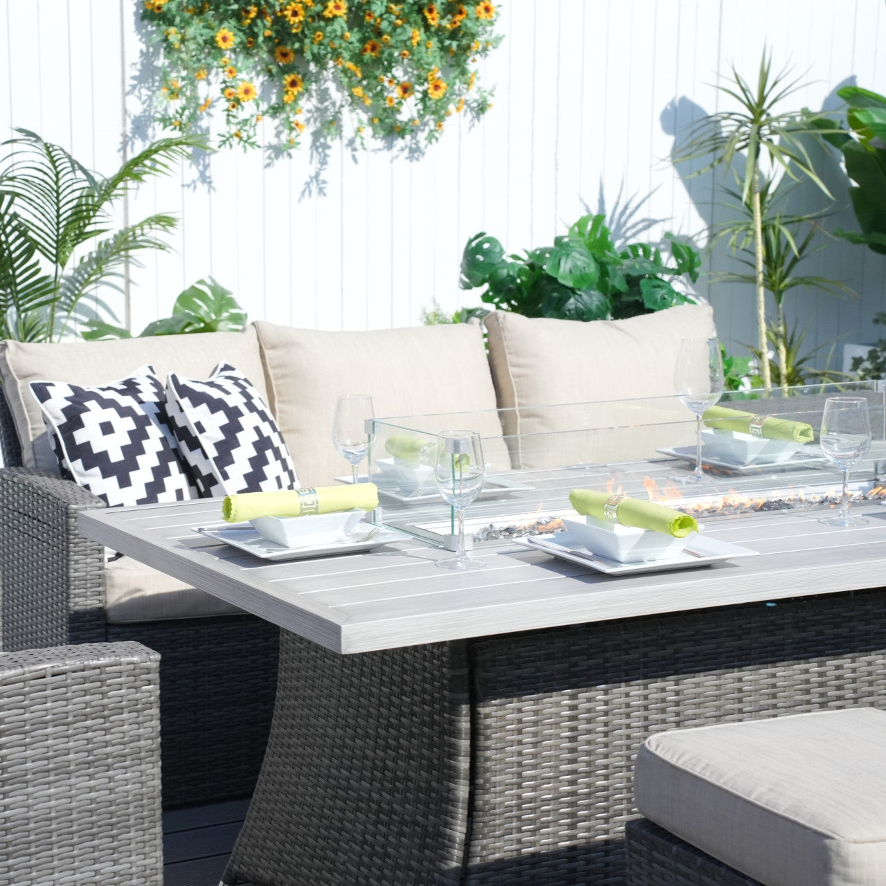 Details of 7-Piece Direct Wicker Patio Seating Rectangle Firepit Table Sofa Set in Gray Color