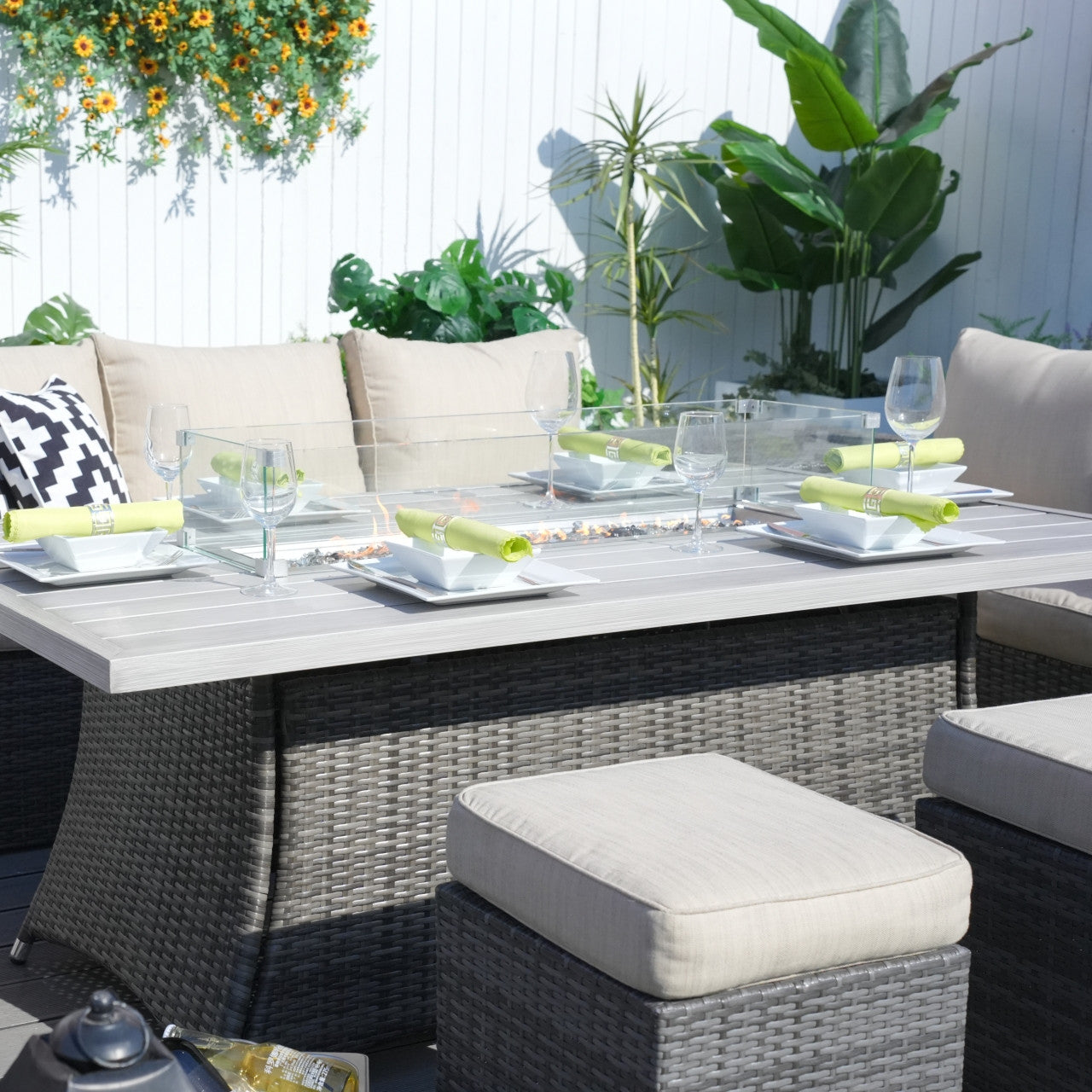 Details of 7-Piece Direct Wicker Patio Seating Rectangle Firepit Table Sofa Set in Gray Color