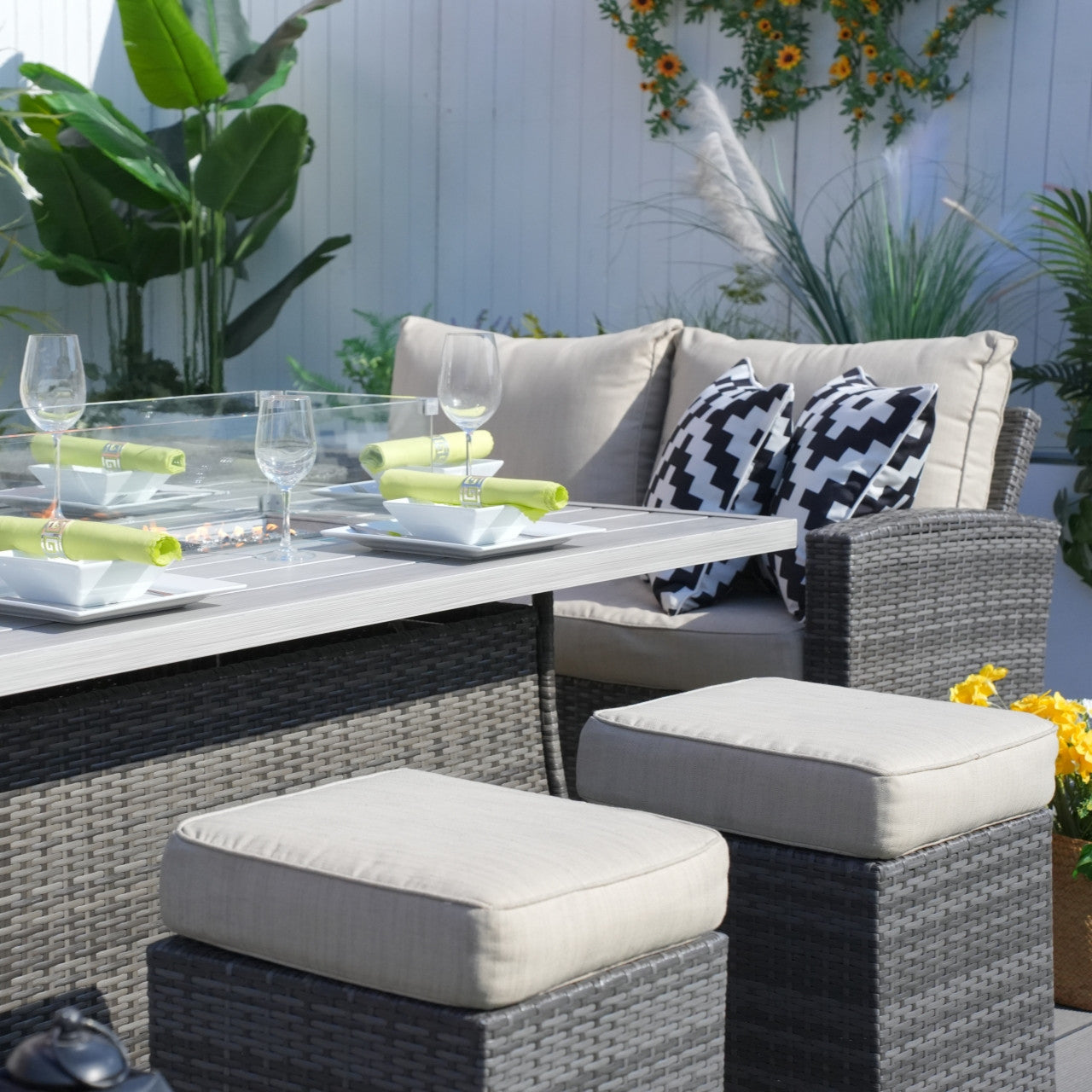 Details of 7-Piece Direct Wicker Patio Seating Rectangle Firepit Table Sofa Set in Gray Color