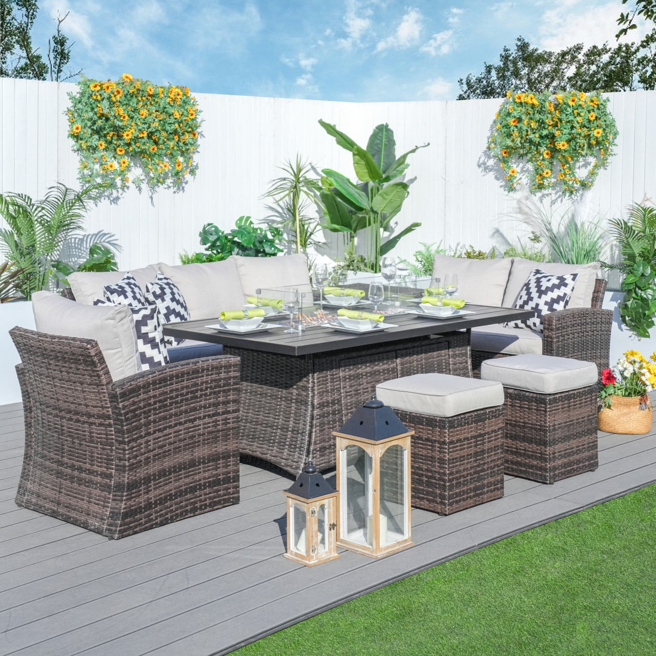 7-Piece Direct Wicker Patio Seating Rectangle Firepit Table Sofa Set in Brown Color