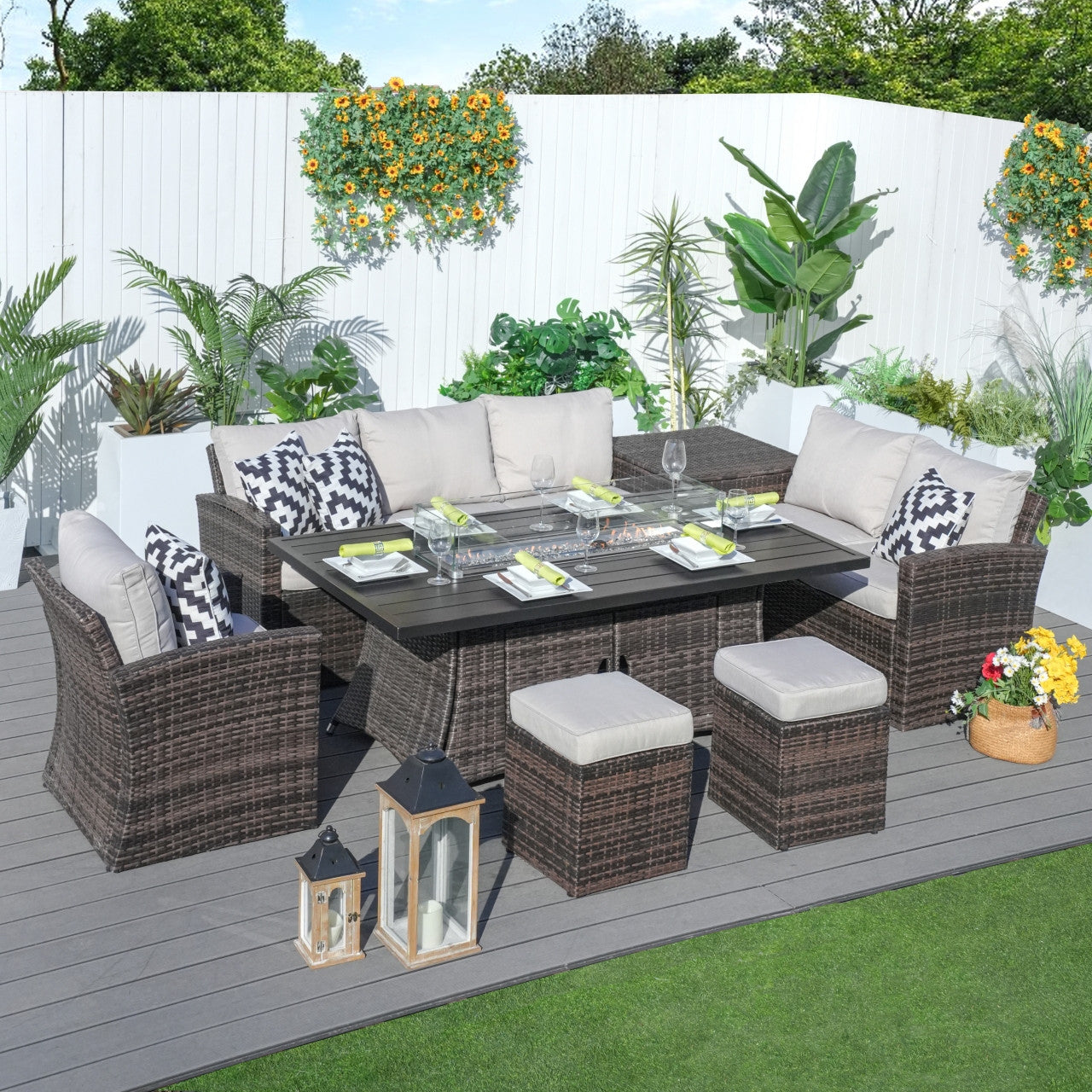 7-Piece Direct Wicker Patio Seating Rectangle Firepit Table Sofa Set in  Brown Color