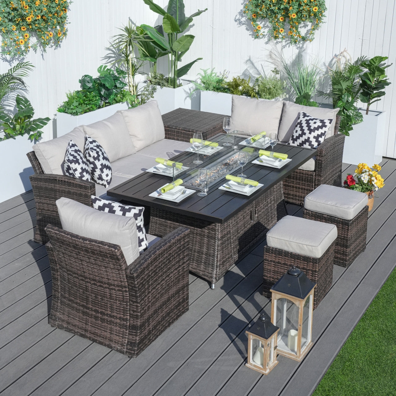 7-Piece Direct Wicker Patio Seating Rectangle Firepit Table Sofa Set in Brown Color