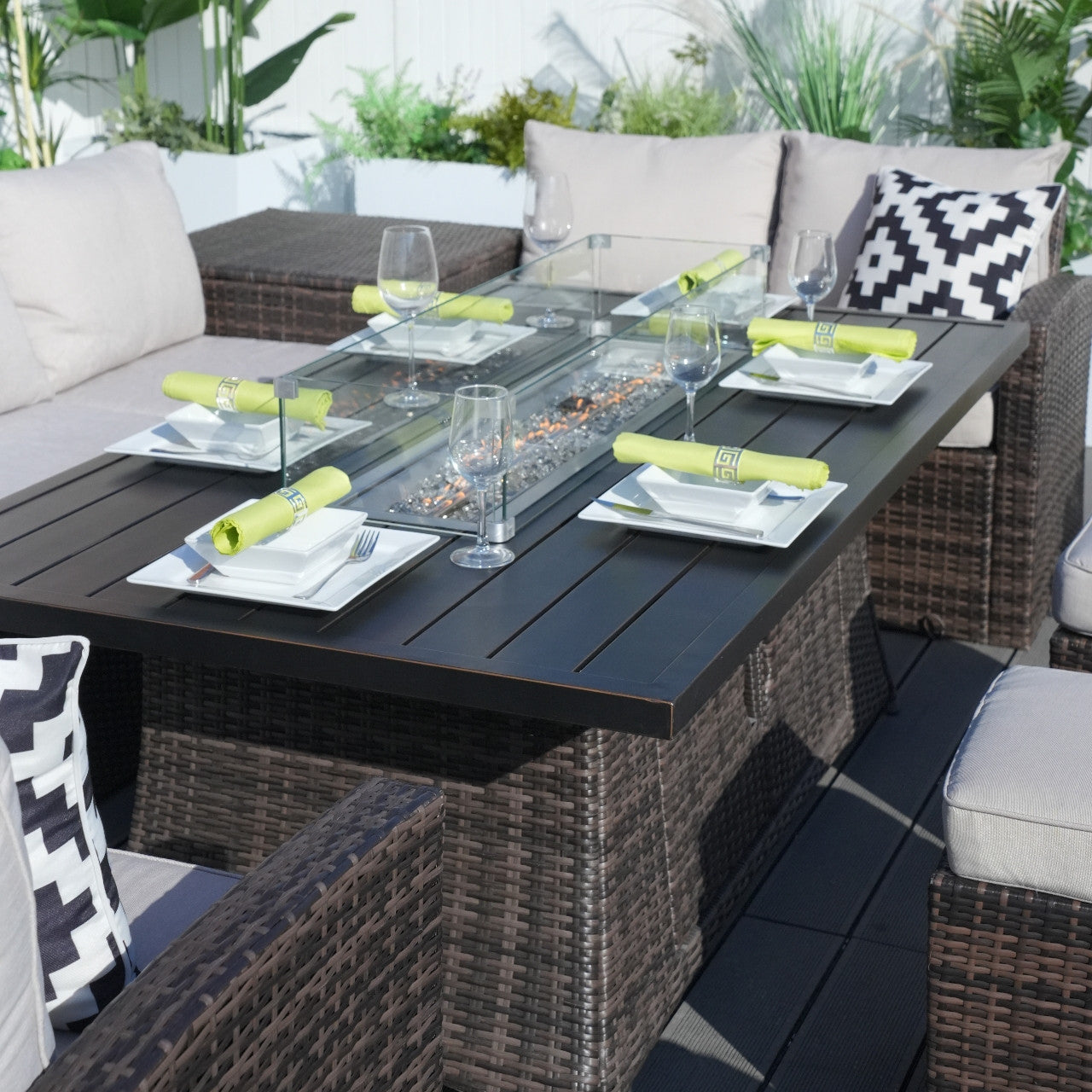 Details of 7-Piece Direct Wicker Patio Seating Rectangle Firepit Table Sofa Set in Brown Color