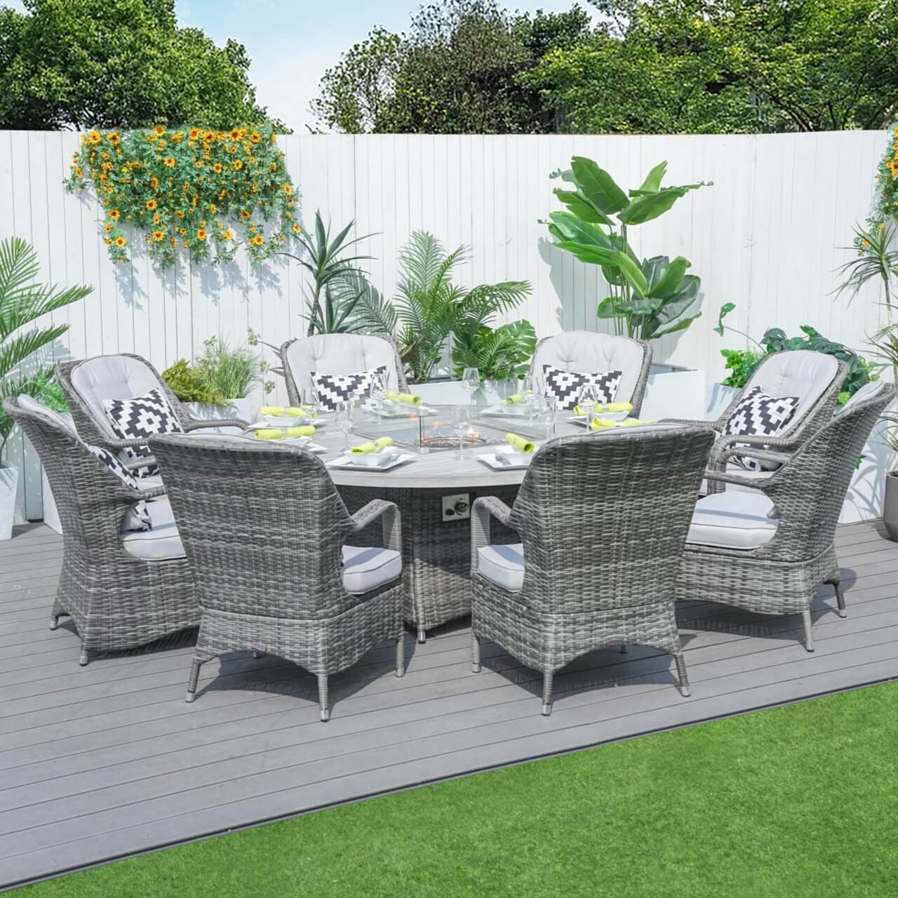 8 Seats Round Fire Pit Set with Aluminium Tabletop & Rattan Chairs 